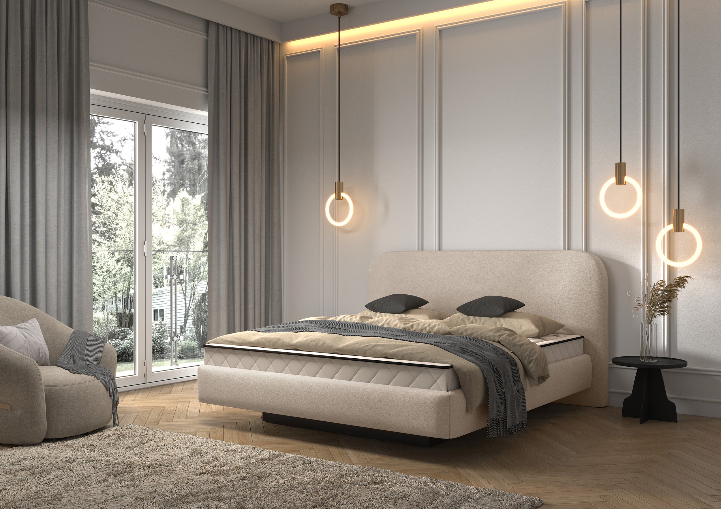 Polsterbett 180x200 cm Nellado mit Stauraum und Matratze, beige Chenille