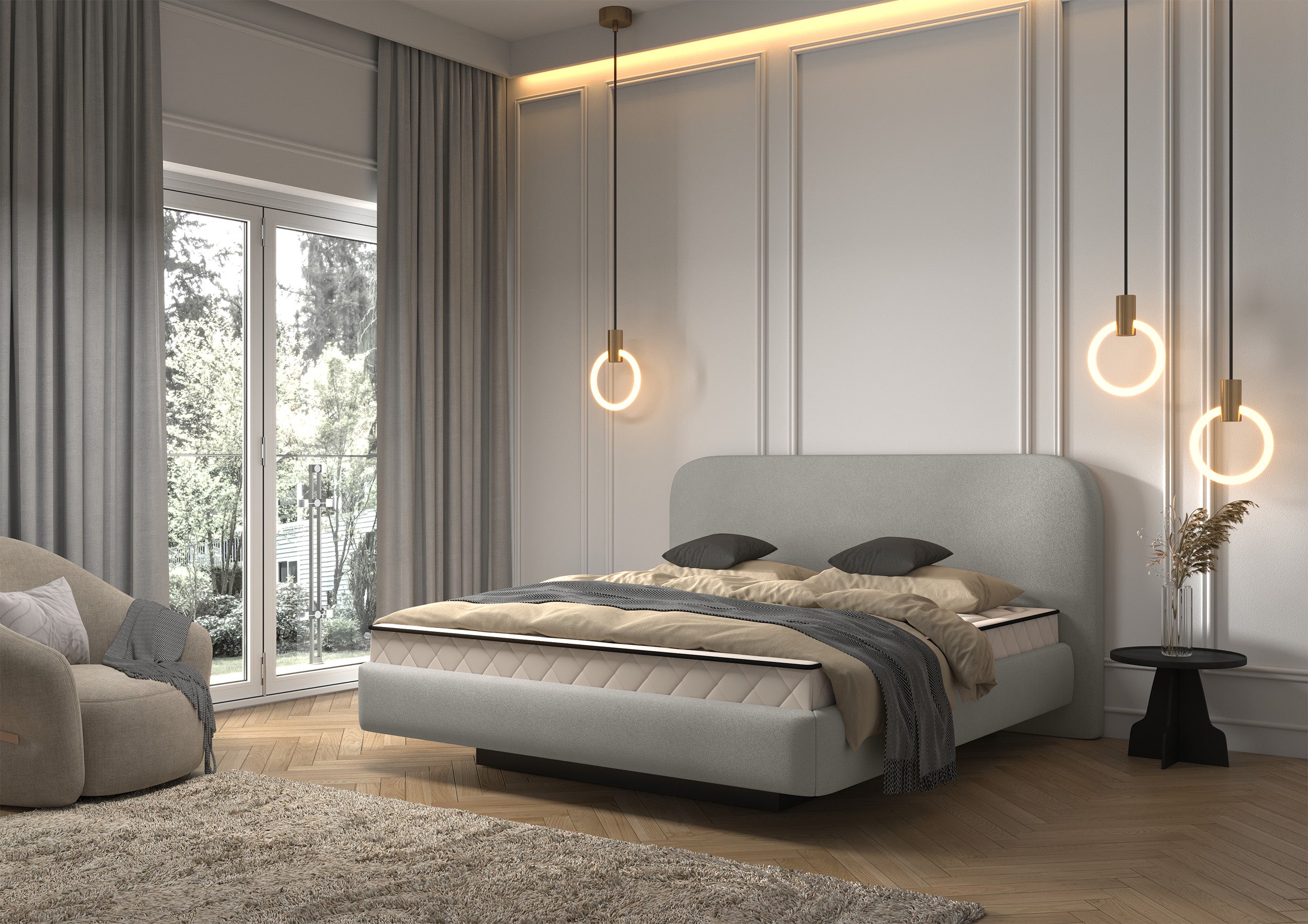 Gepolstertes Bett 180x200 cm Nellado mit Stauraum, grauer Chenille-Stoff