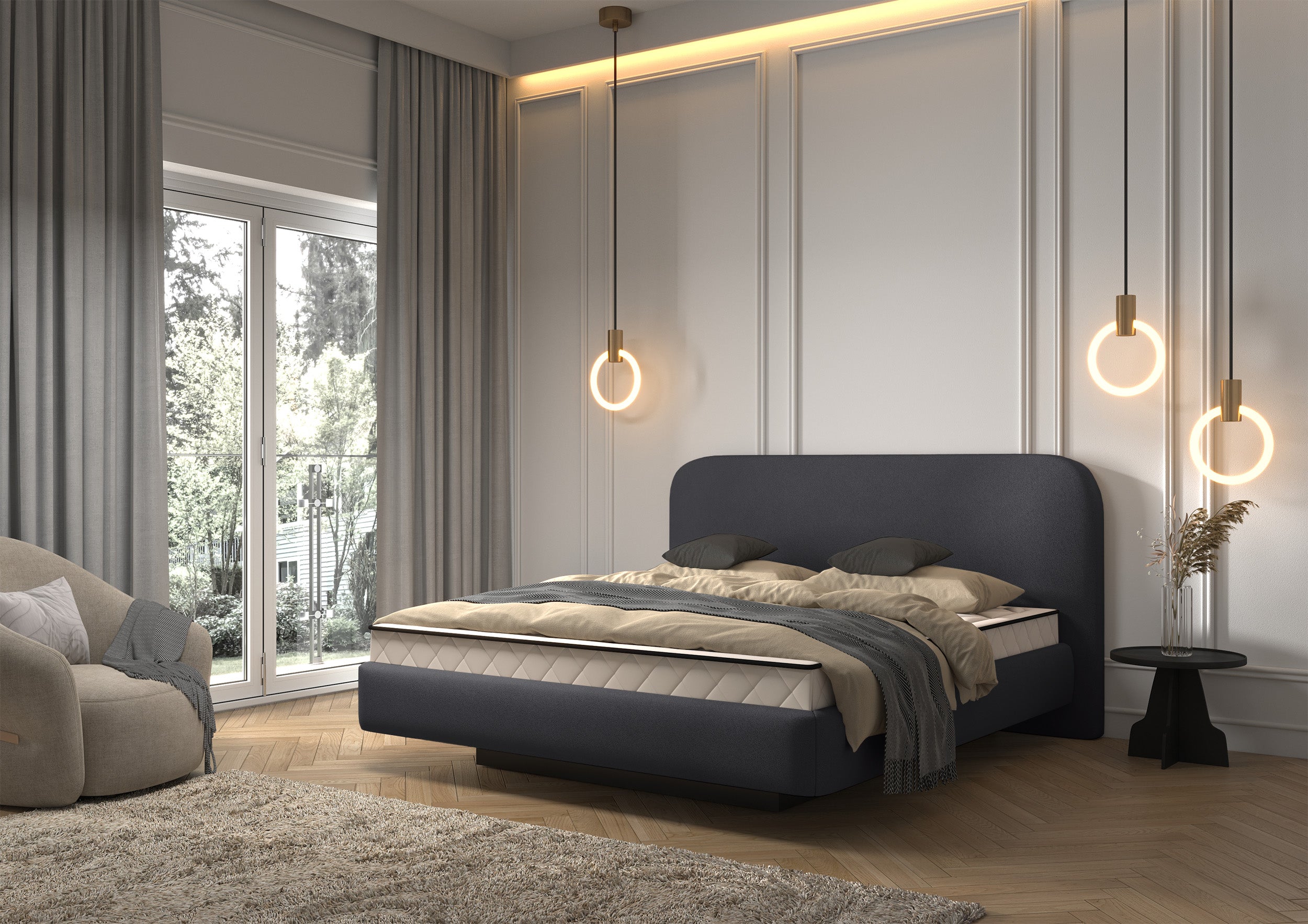 Gepolstertes Bett 140x200 cm Nellado mit Stauraum und Matratze, dunkelgrauer Chenillestoff