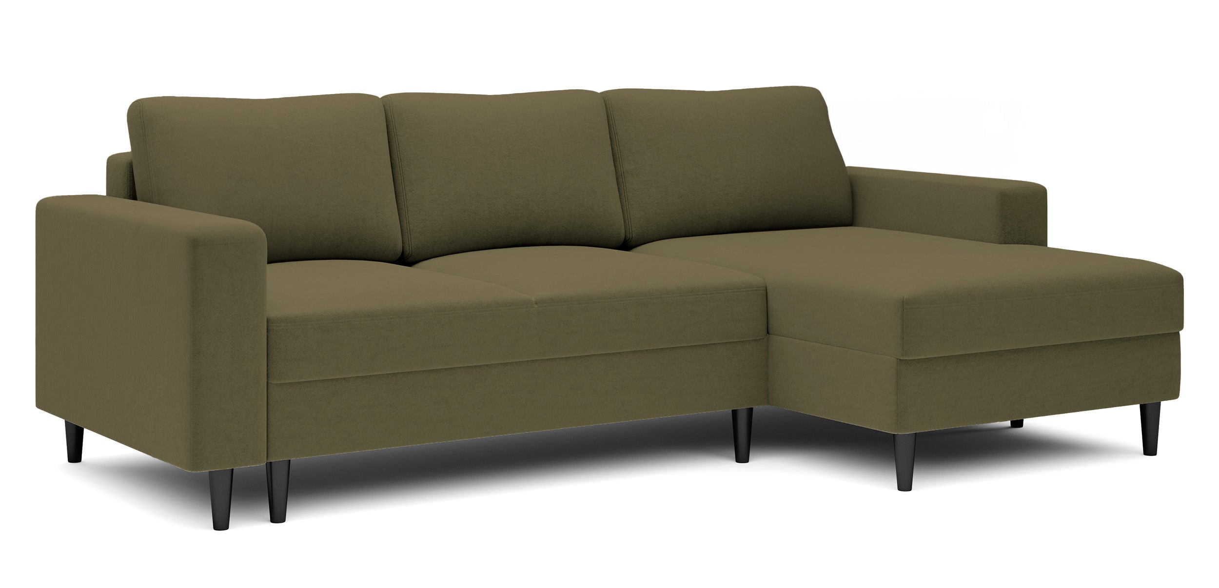Ecksofa mit Schlafunktion Nalika, L-förmig, mit Stauraum, olivgrüner hydrophober Samt, rechtsseitig