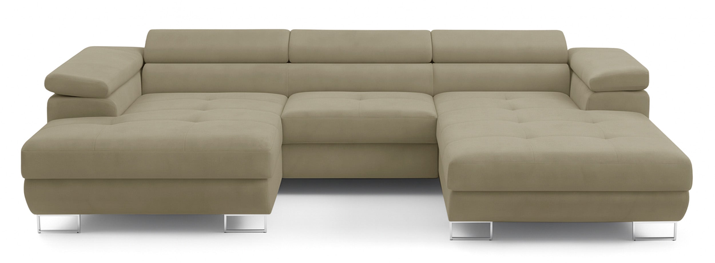 Ecksofa mit Schlaffunktion Nollia, U-förmig, linksseitig, mit verstellbaren Kopfstützen und zwei Stauraumfächern, hellbraunes Bouclé