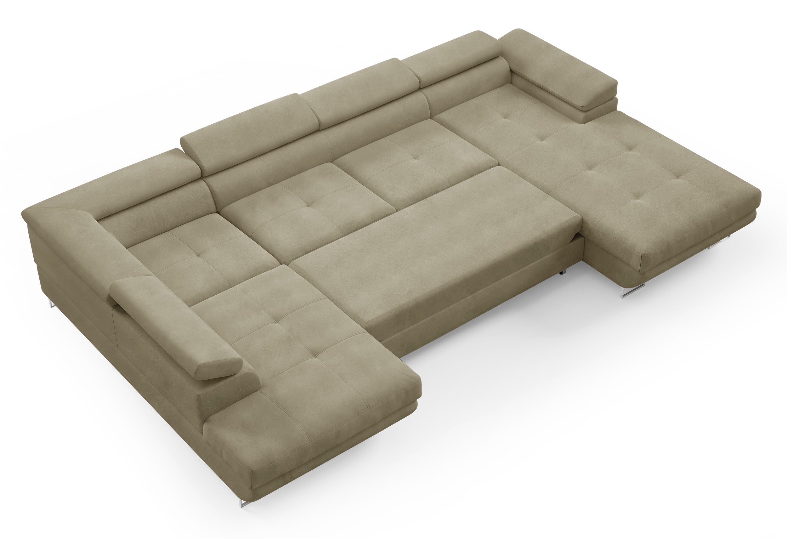 Ecksofa mit Schlaffunktion Nollia, U-förmig, linksseitig, mit verstellbaren Kopfstützen und zwei Stauraumfächern, hellbraunes Bouclé