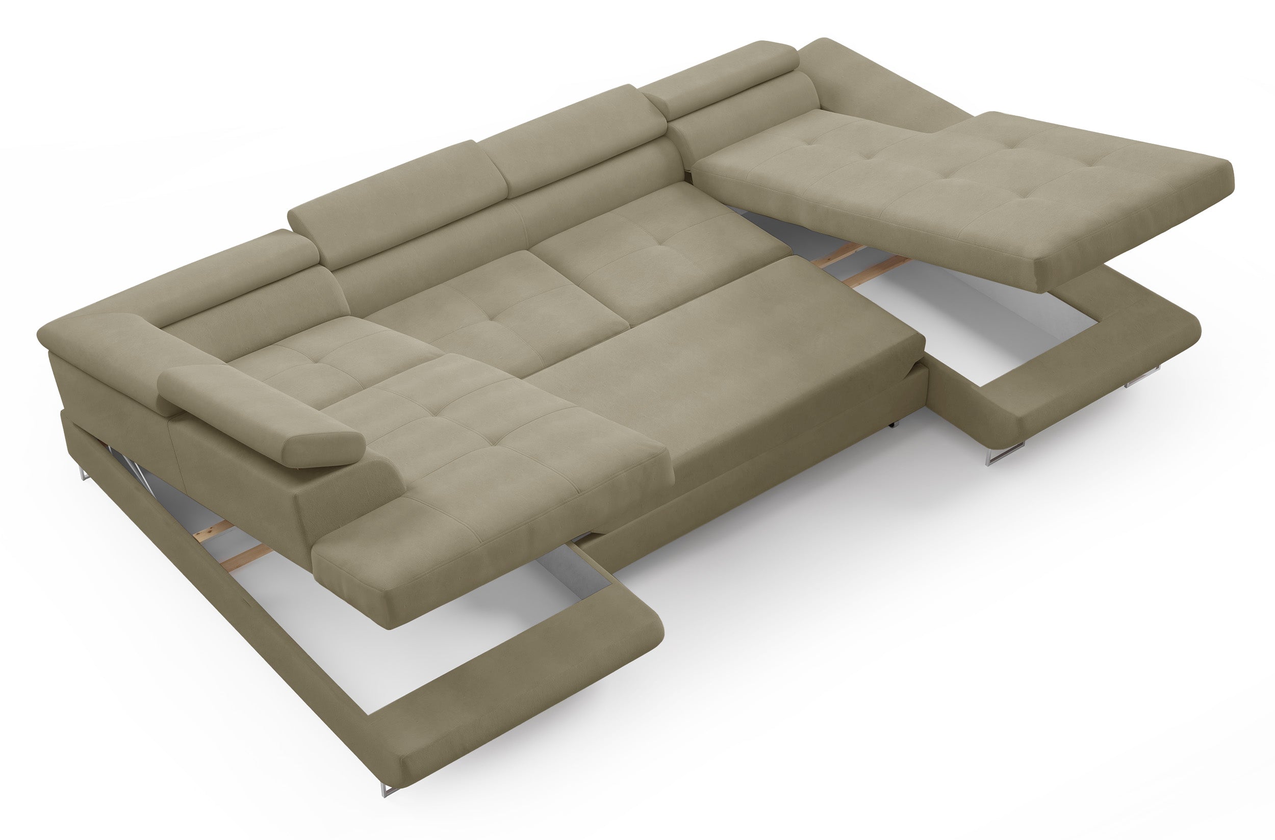 Ecksofa mit Schlaffunktion Nollia, U-förmig, linksseitig, mit verstellbaren Kopfstützen und zwei Stauraumfächern, hellbraunes Bouclé