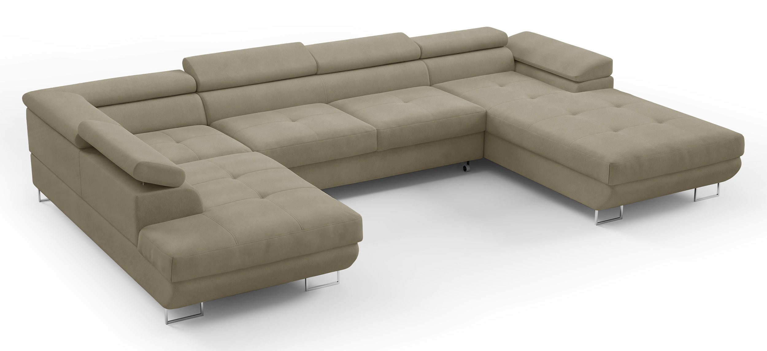 Ecksofa mit Schlaffunktion Nollia, U-förmig, linksseitig, mit verstellbaren Kopfstützen und zwei Stauraumfächern, hellbraunes Bouclé