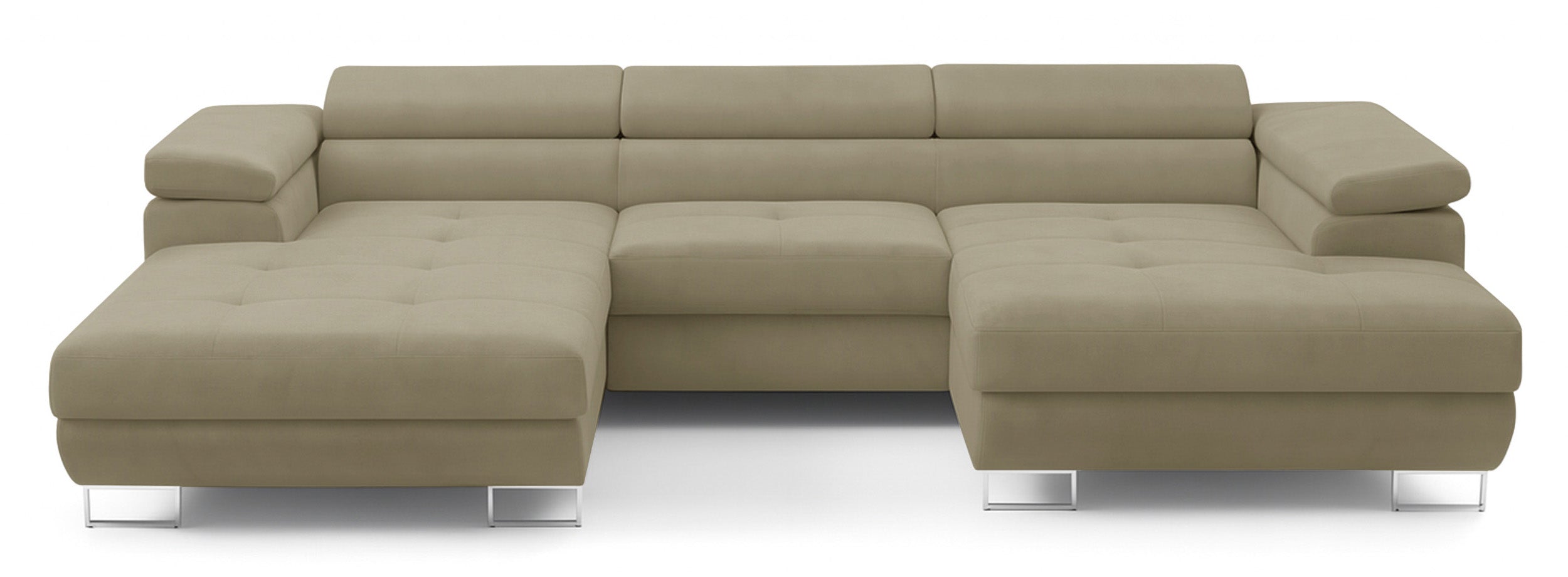 Ecksofa mit Schlaffunktion Nollia, U-förmig, rechtsseitig, mit verstellbaren Kopfstützen und zwei Stauraumfächern, hellbraunes Bouclé