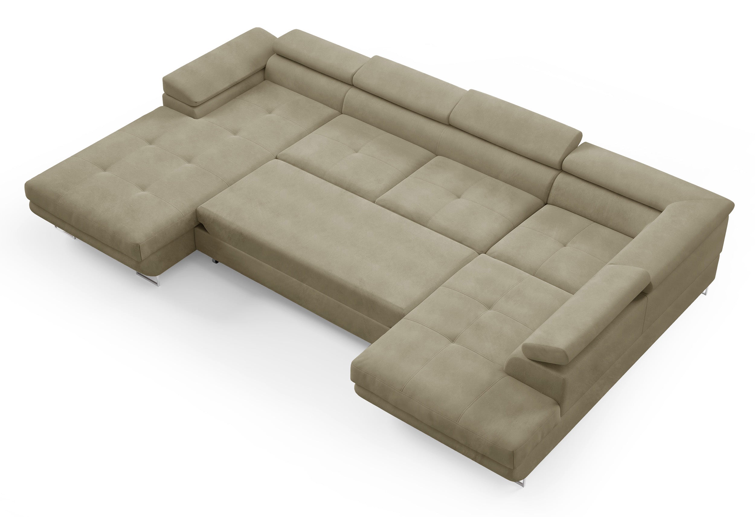 Ecksofa mit Schlaffunktion Nollia, U-förmig, rechtsseitig, mit verstellbaren Kopfstützen und zwei Stauraumfächern, hellbraunes Bouclé