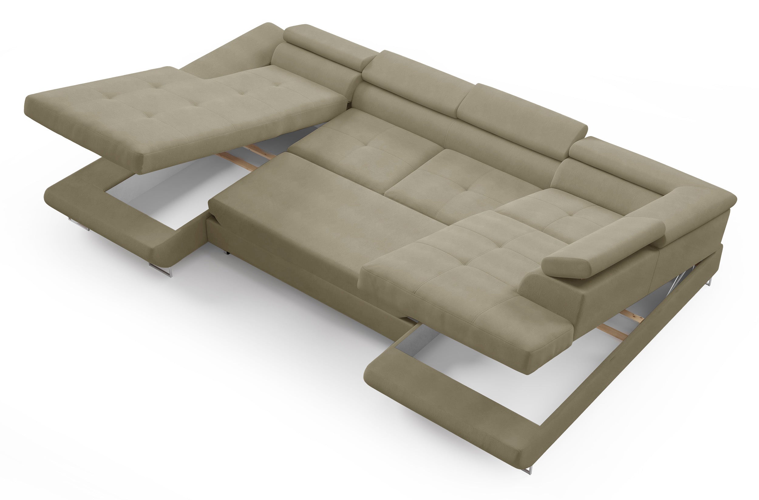 Ecksofa mit Schlaffunktion Nollia, U-förmig, rechtsseitig, mit verstellbaren Kopfstützen und zwei Stauraumfächern, hellbraunes Bouclé