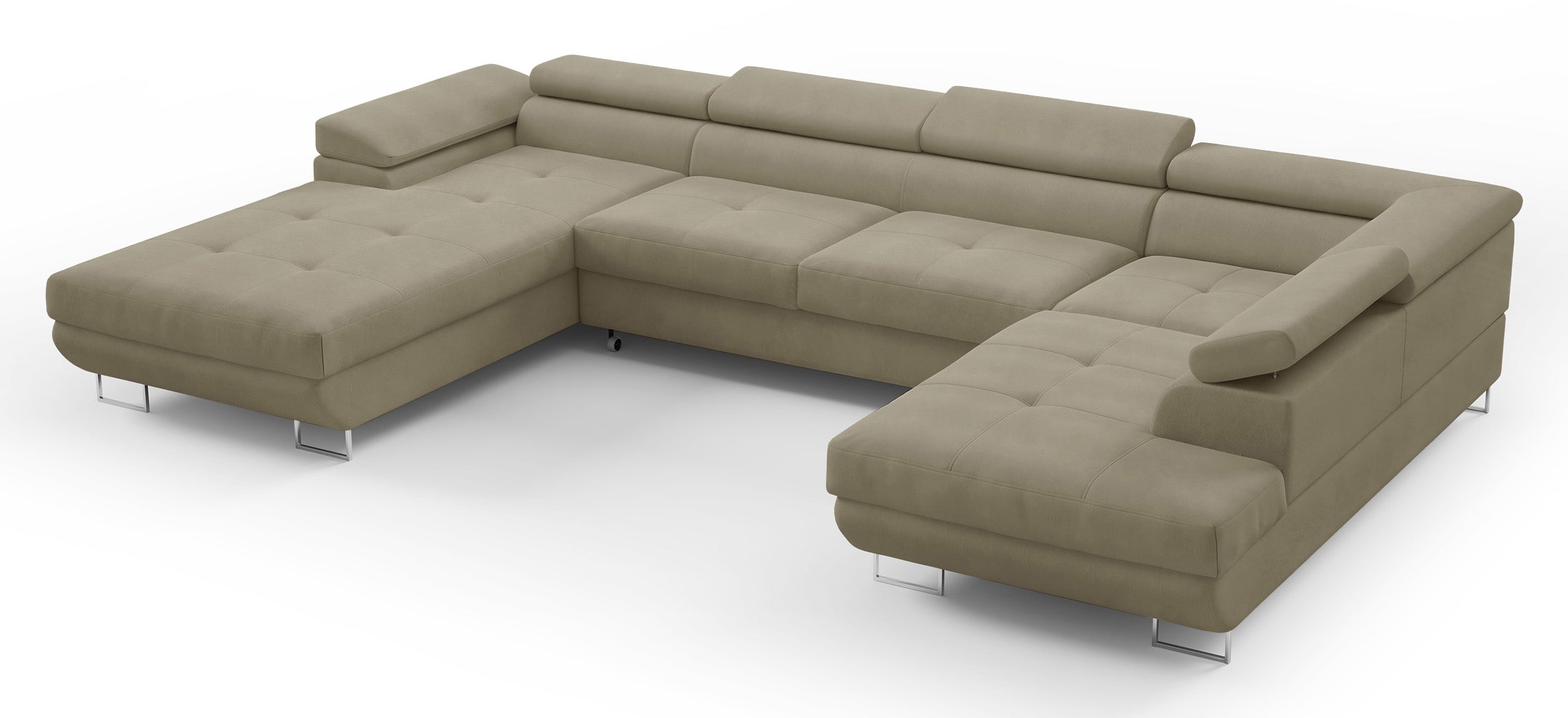 Ecksofa mit Schlaffunktion Nollia, U-förmig, rechtsseitig, mit verstellbaren Kopfstützen und zwei Stauraumfächern, hellbraunes Bouclé