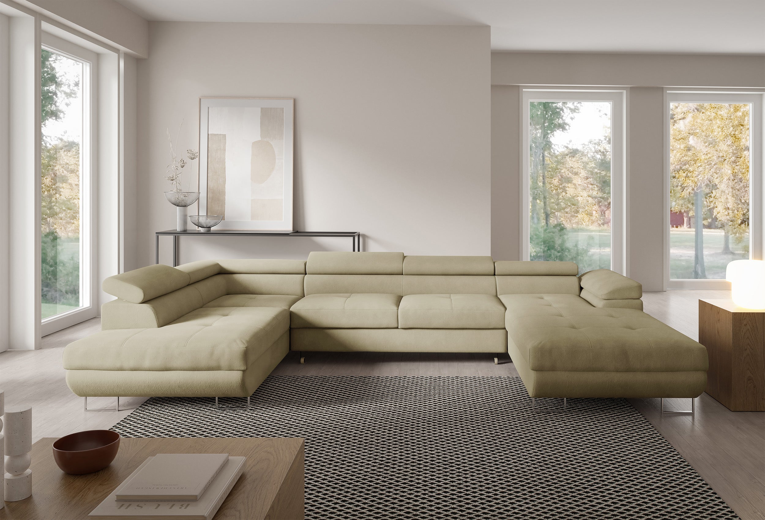 Ecksofa mit Schlaffunktion Nollia, U-förmig, linksseitig, mit verstellbaren Kopfstützen und zwei Stauraumfächern, beige Bouclé