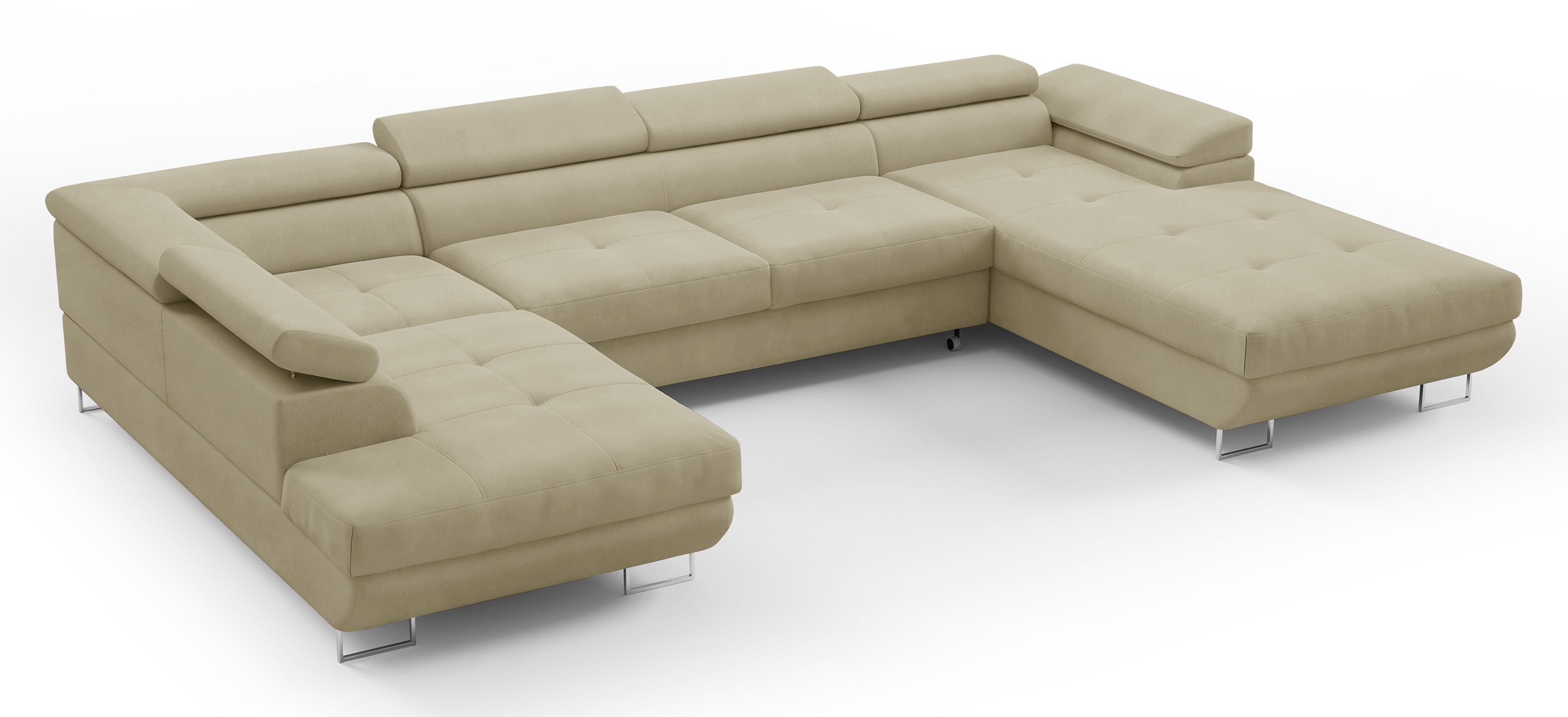 Ecksofa mit Schlaffunktion Nollia, U-förmig, linksseitig, mit verstellbaren Kopfstützen und zwei Stauraumfächern, beige Bouclé