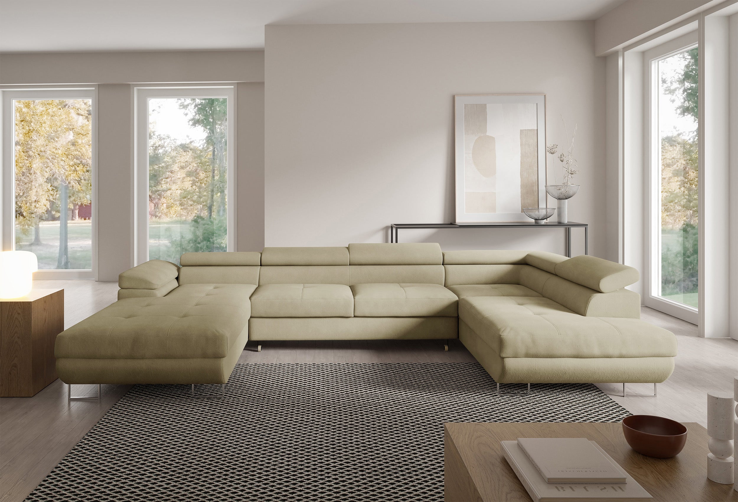 Ecksofa mit Schlaffunktion Nollia, U-förmig, rechtsseitig, mit verstellbaren Kopfstützen und zwei Stauraumfächern, beige Bouclé