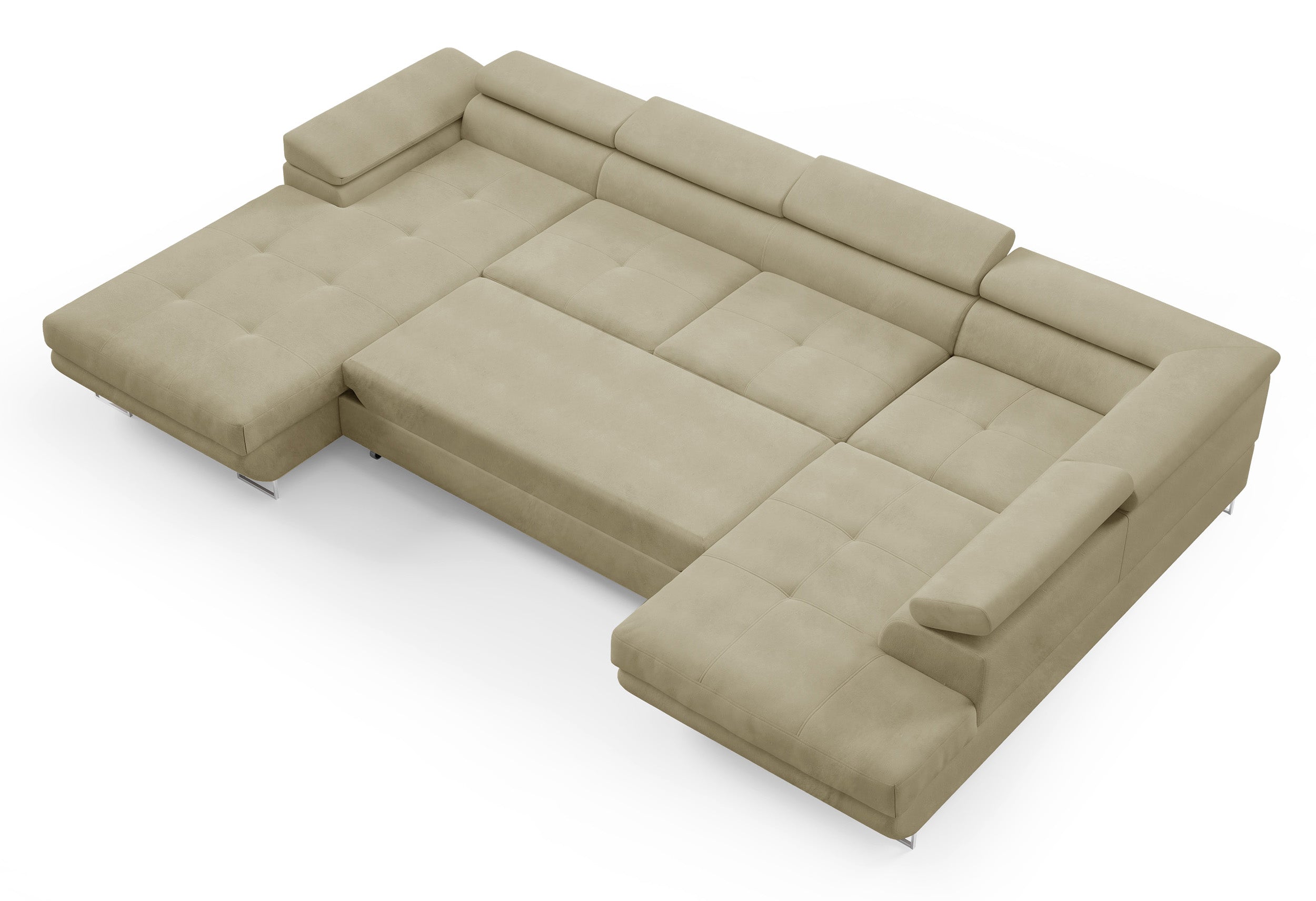 Ecksofa mit Schlaffunktion Nollia, U-förmig, rechtsseitig, mit verstellbaren Kopfstützen und zwei Stauraumfächern, beige Bouclé