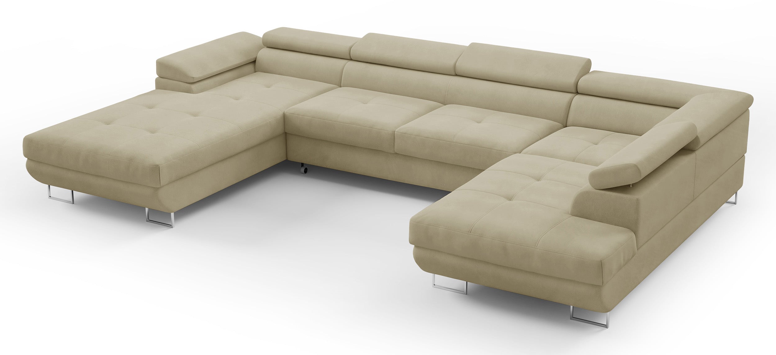 Ecksofa mit Schlaffunktion Nollia, U-förmig, rechtsseitig, mit verstellbaren Kopfstützen und zwei Stauraumfächern, beige Bouclé