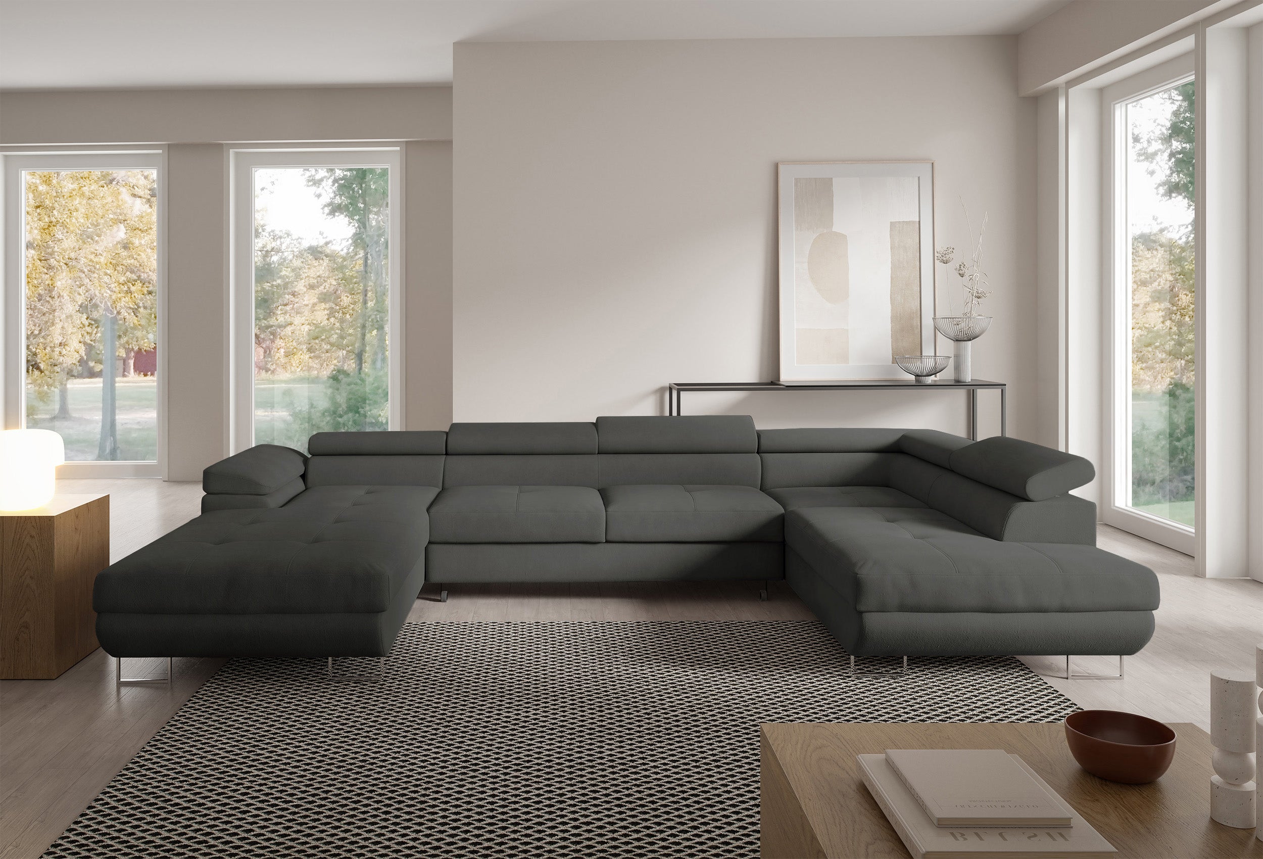 Ecksofa mit Schlaffunktion Nollia, U-förmig, rechtsseitig, mit verstellbaren Kopfstützen und zwei Aufbewahrungsboxen, dunkelgrauer Bouclé-Stoff