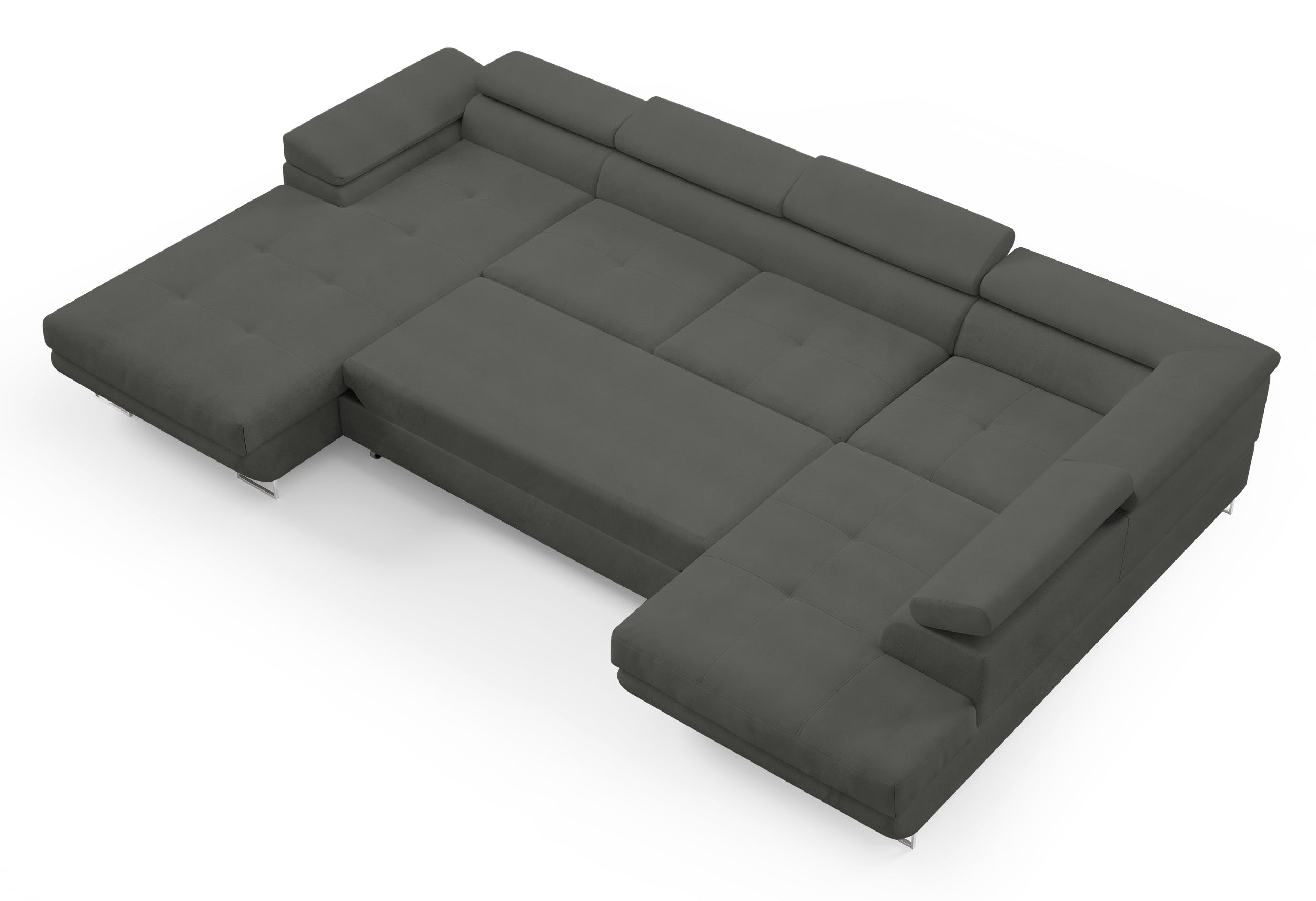 Ecksofa mit Schlaffunktion Nollia, U-förmig, rechtsseitig, mit verstellbaren Kopfstützen und zwei Aufbewahrungsboxen, dunkelgrauer Bouclé-Stoff