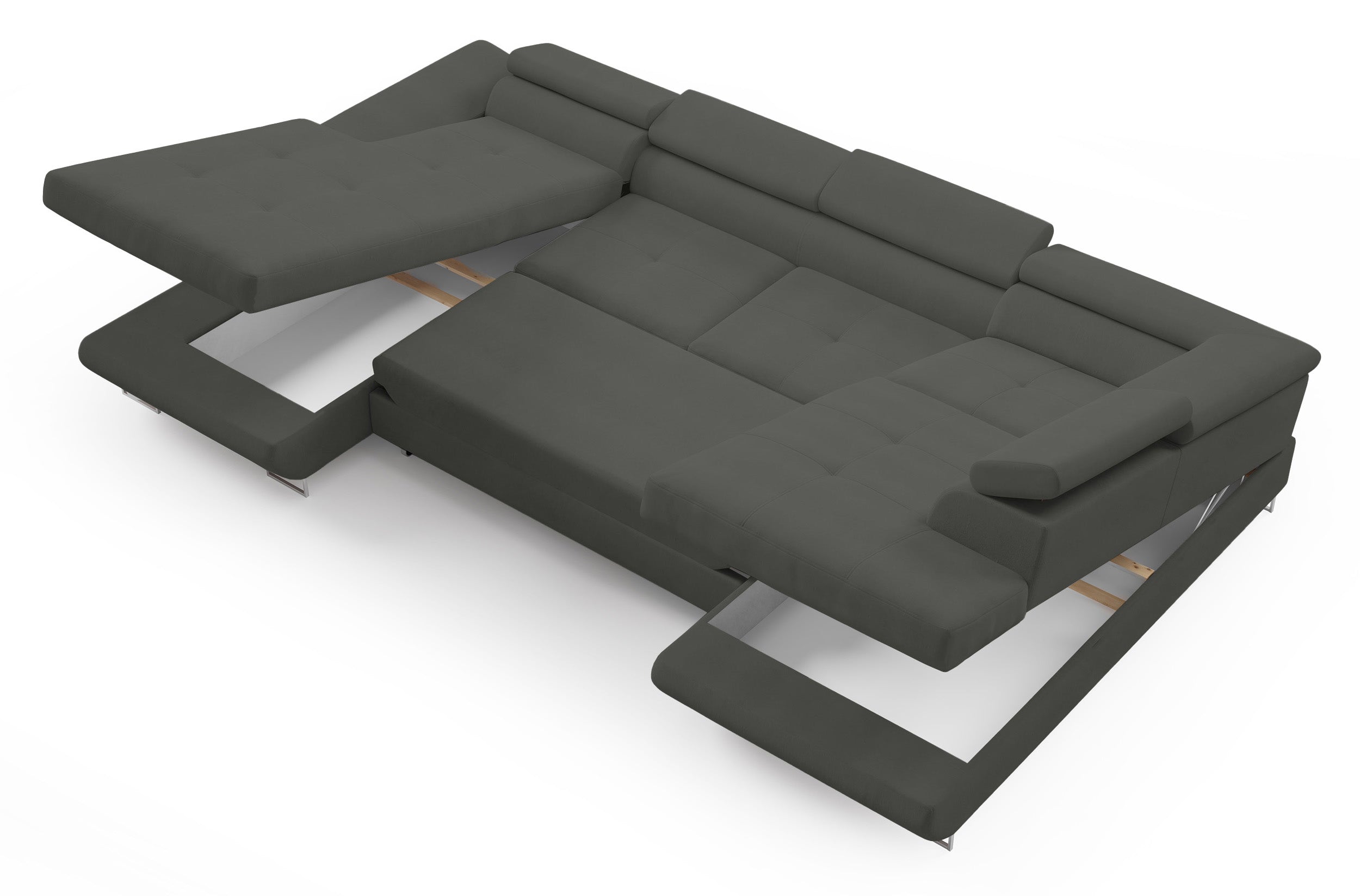 Ecksofa mit Schlaffunktion Nollia, U-förmig, rechtsseitig, mit verstellbaren Kopfstützen und zwei Aufbewahrungsboxen, dunkelgrauer Bouclé-Stoff