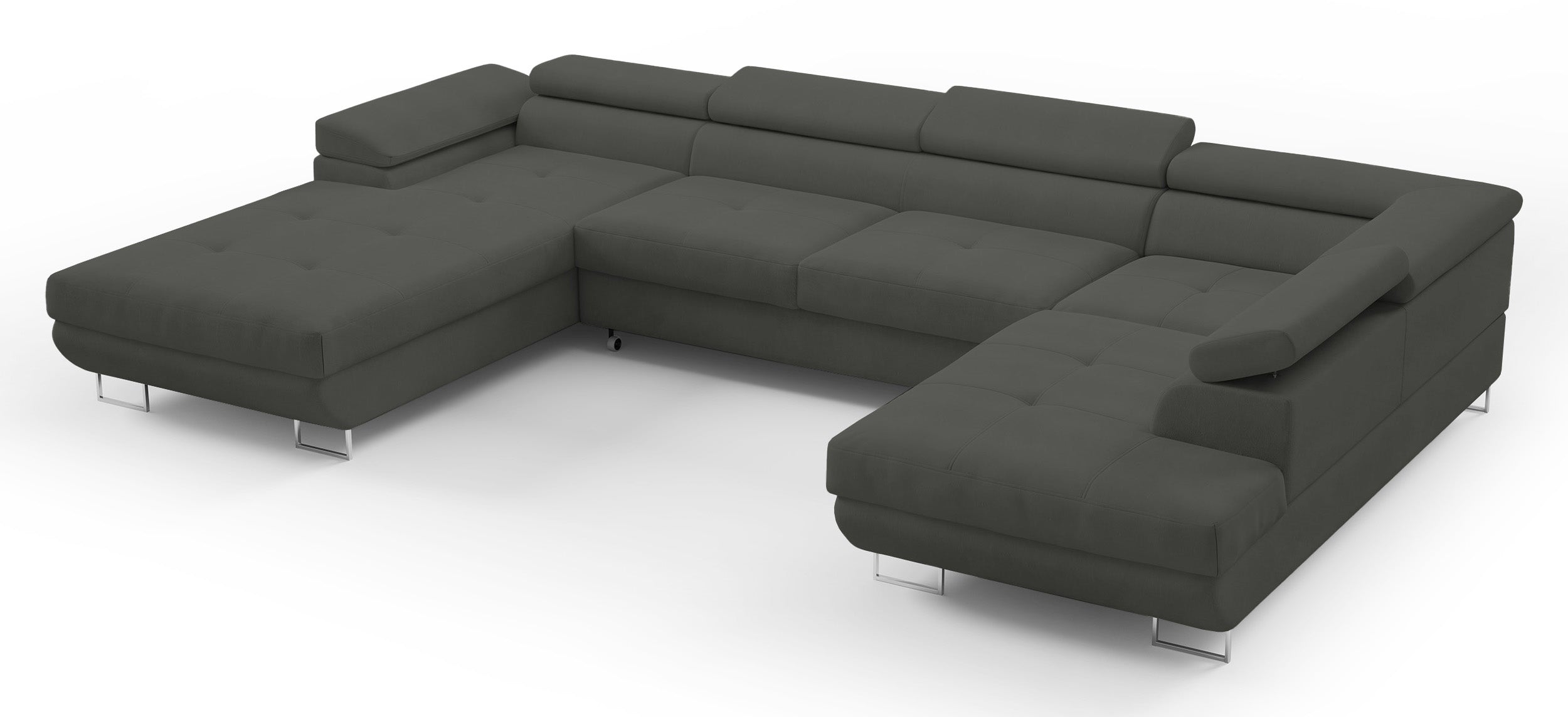 Ecksofa mit Schlaffunktion Nollia, U-förmig, rechtsseitig, mit verstellbaren Kopfstützen und zwei Aufbewahrungsboxen, dunkelgrauer Bouclé-Stoff