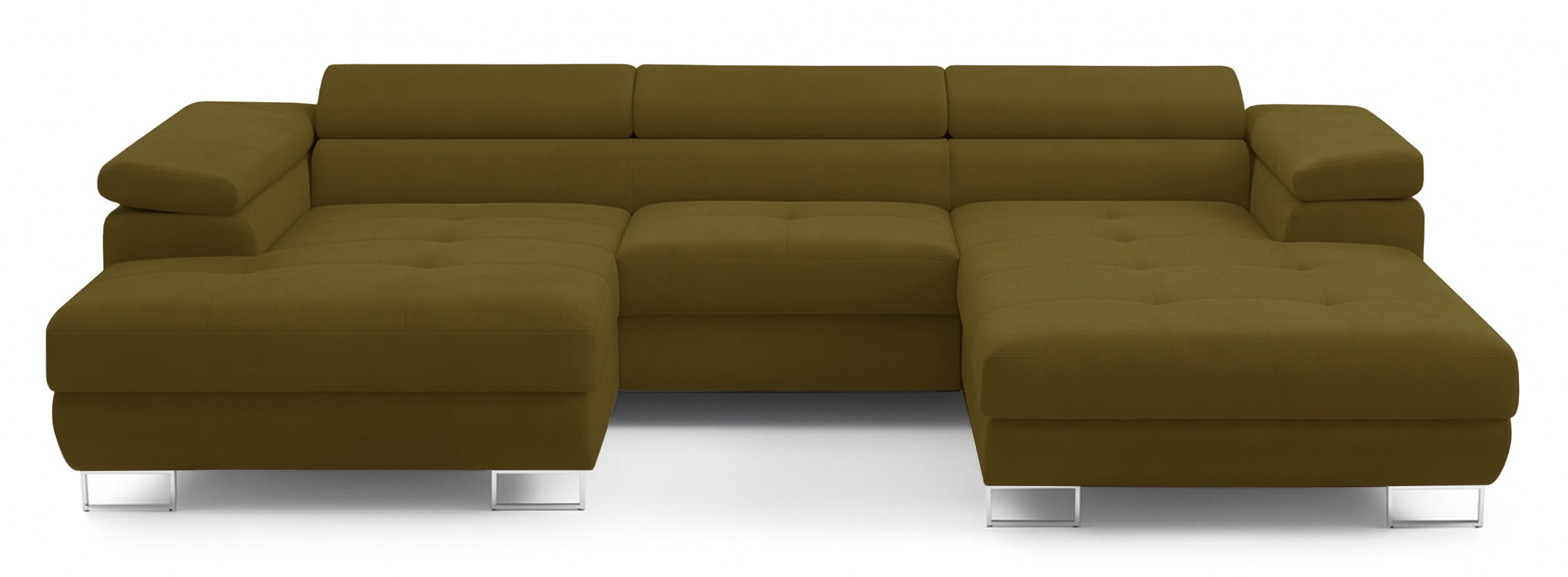 Ecksofa mit Schlaffunktion Nollia, U-förmig, linksseitig, mit verstellbaren Kopfstützen und zwei Stauraumfächern, olivfarbenes Bouclé