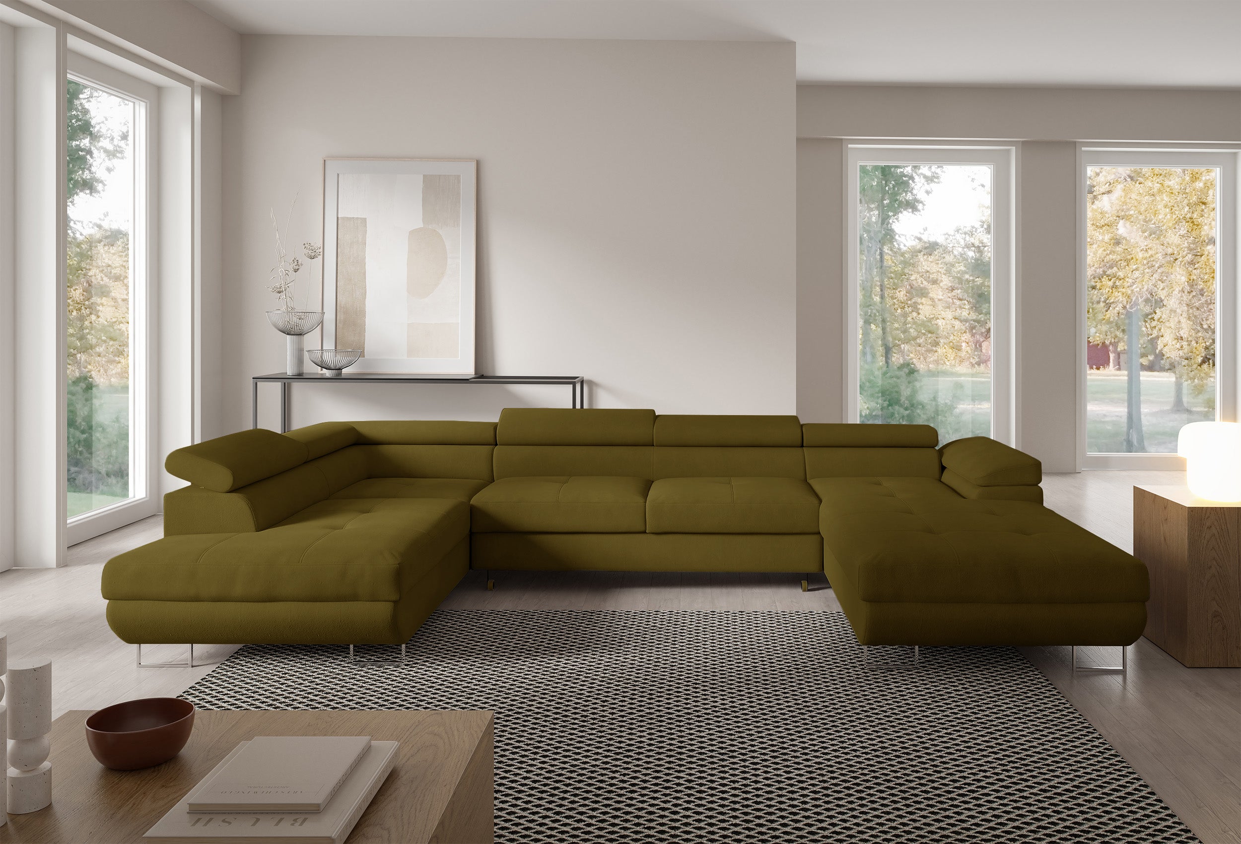 Ecksofa mit Schlaffunktion Nollia, U-förmig, linksseitig, mit verstellbaren Kopfstützen und zwei Stauraumfächern, olivfarbenes Bouclé