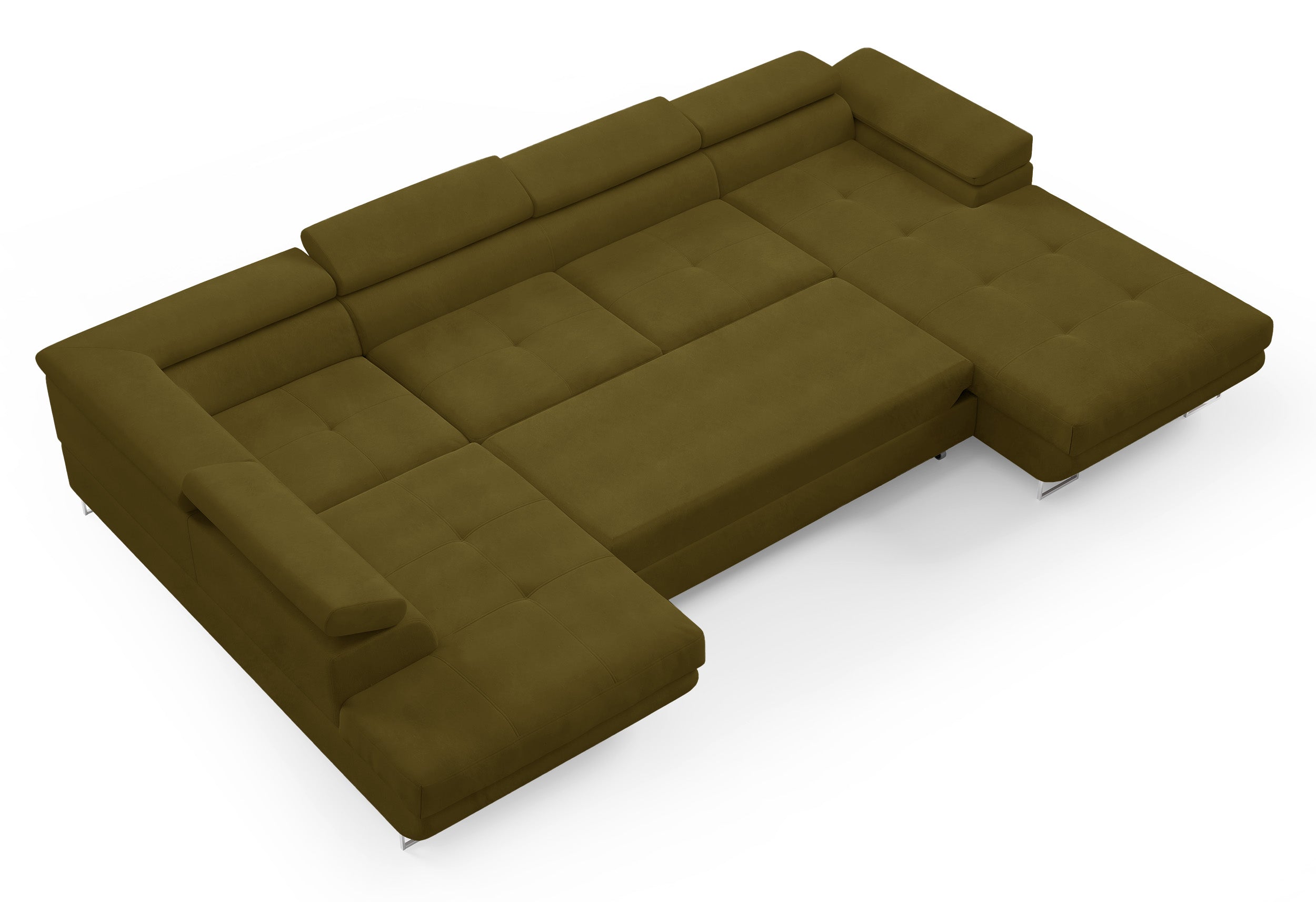 Ecksofa mit Schlaffunktion Nollia, U-förmig, linksseitig, mit verstellbaren Kopfstützen und zwei Stauraumfächern, olivfarbenes Bouclé