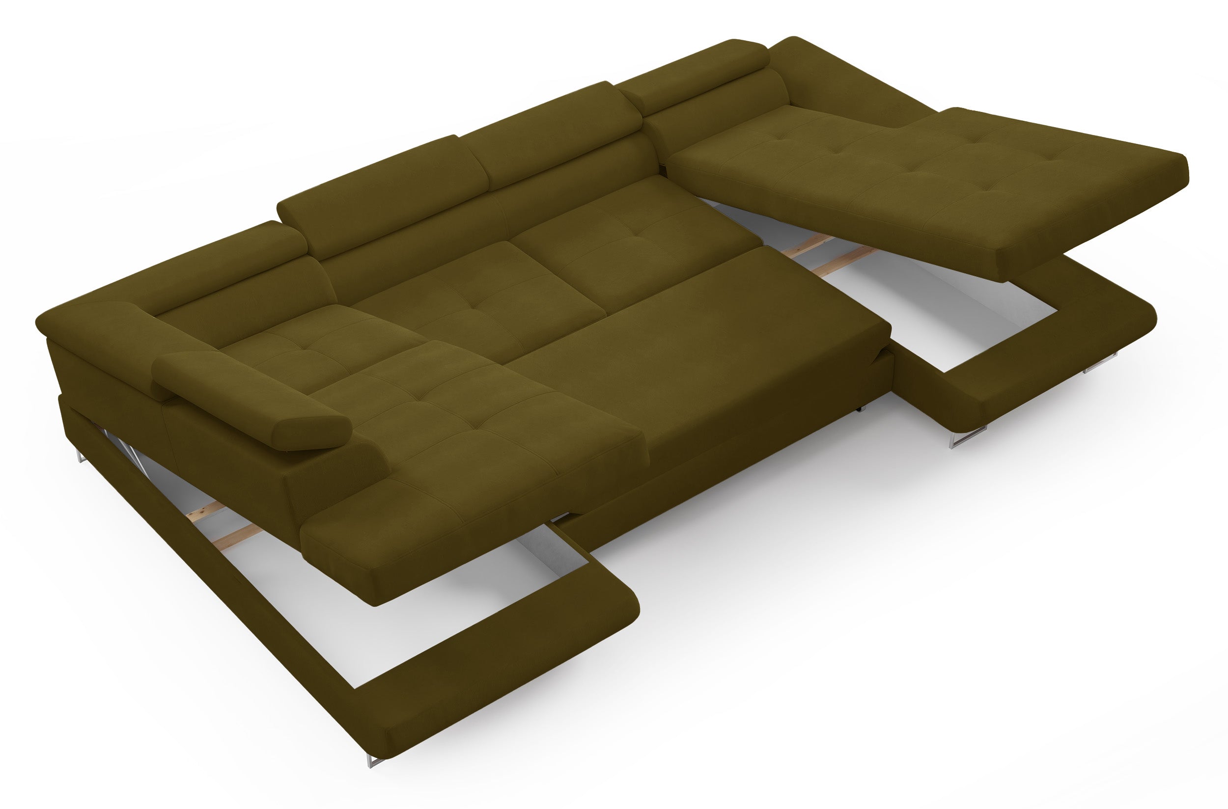 Ecksofa mit Schlaffunktion Nollia, U-förmig, linksseitig, mit verstellbaren Kopfstützen und zwei Stauraumfächern, olivfarbenes Bouclé