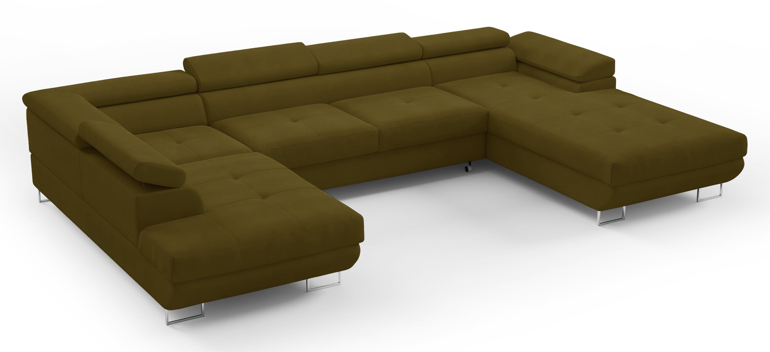 Ecksofa mit Schlaffunktion Nollia, U-förmig, linksseitig, mit verstellbaren Kopfstützen und zwei Stauraumfächern, olivfarbenes Bouclé