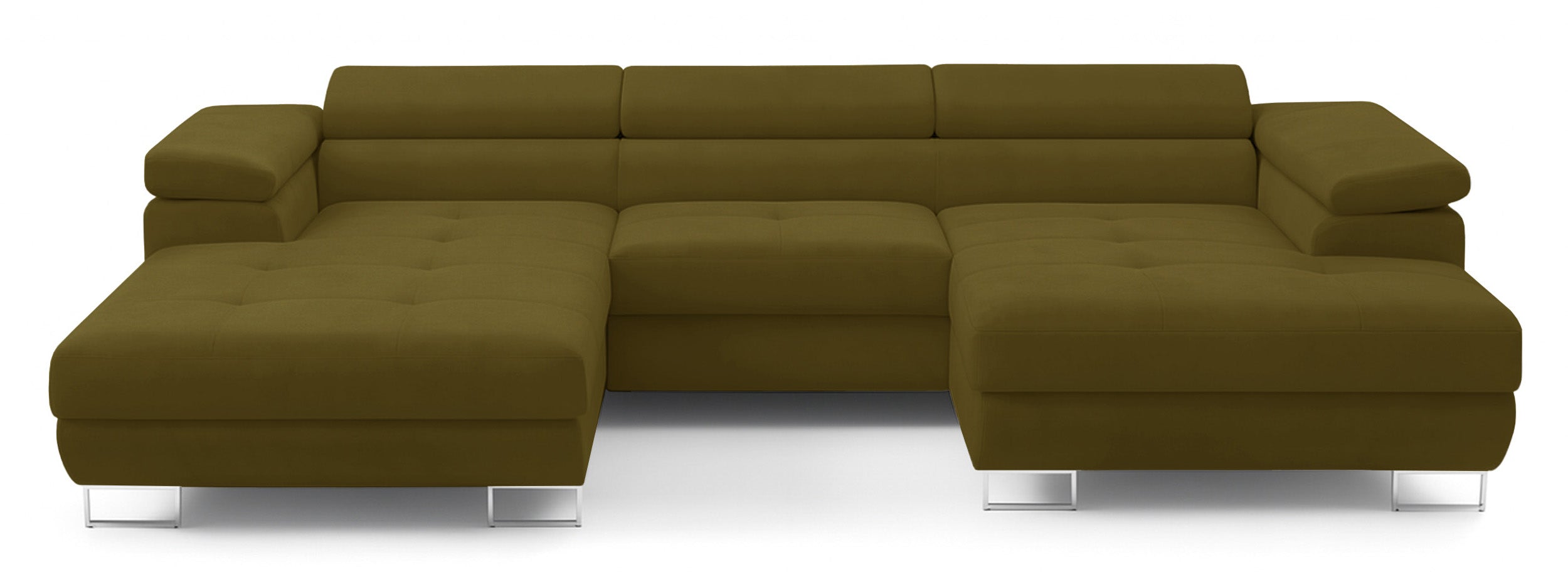 Ecksofa mit Schlaffunktion Nollia U-förmig rechtsseitig mit verstellbaren Kopfstützen und zwei Stauraumfächern, olivgrünes Bouclé