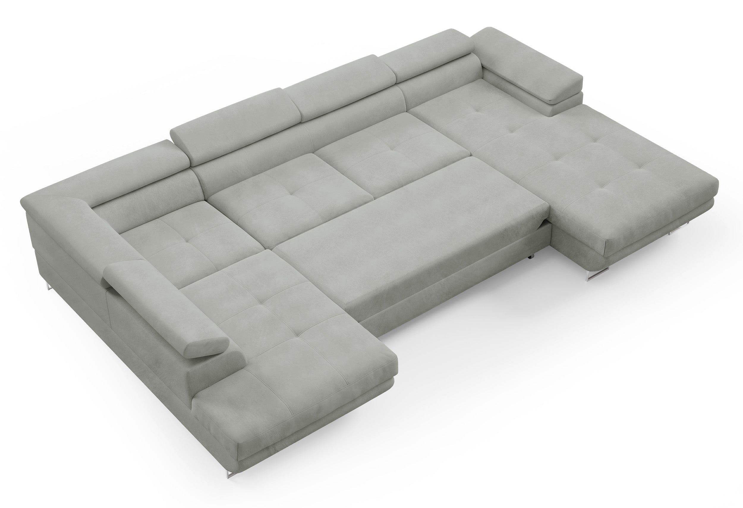 Ecksofa mit Schlaffunktion Nollia, U-förmig, linksseitig, mit verstellbaren Kopfstützen und zwei Stauraumfächern, hellgrauer Bouclé-Stoff