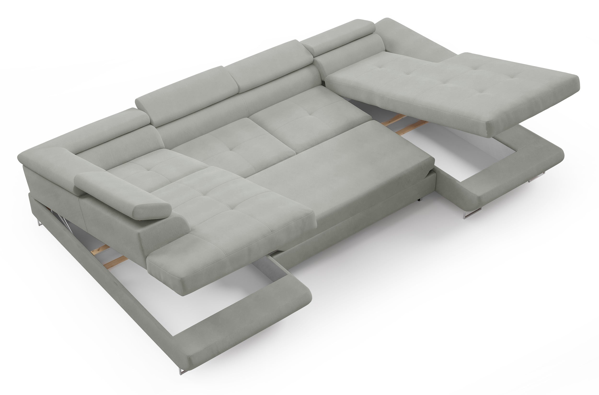 Ecksofa mit Schlaffunktion Nollia, U-förmig, linksseitig, mit verstellbaren Kopfstützen und zwei Stauraumfächern, hellgrauer Bouclé-Stoff