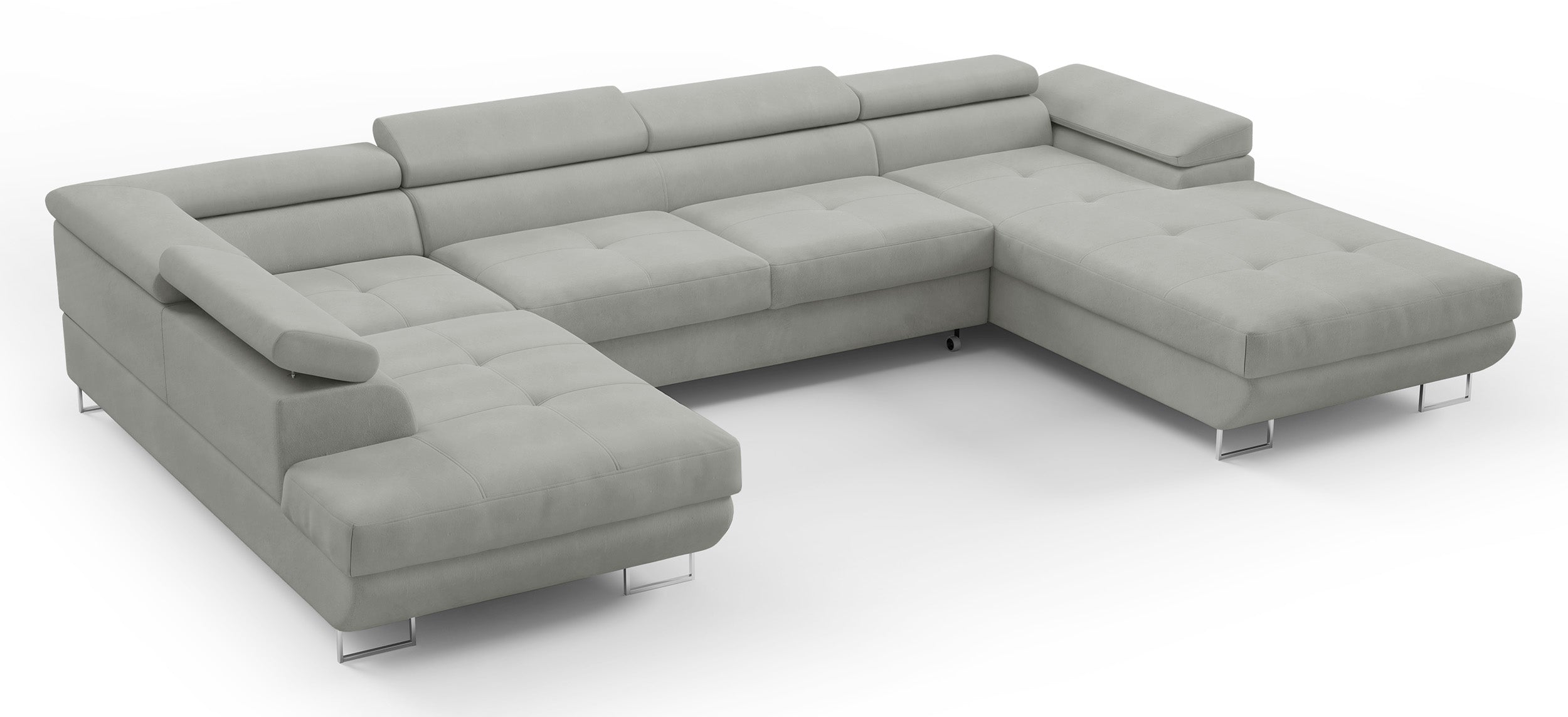Ecksofa mit Schlaffunktion Nollia, U-förmig, linksseitig, mit verstellbaren Kopfstützen und zwei Stauraumfächern, hellgrauer Bouclé-Stoff