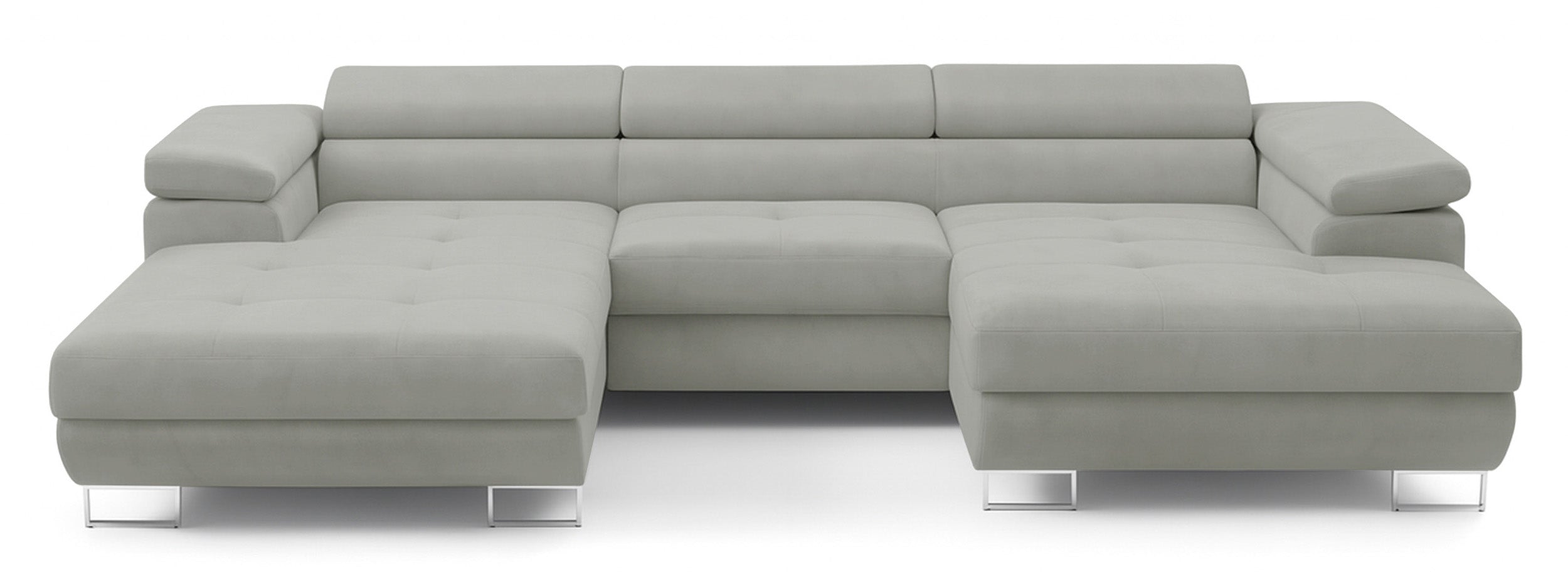 Ecksofa mit Schlaffunktion Nollia, U-förmig, rechtsseitig, mit verstellbaren Kopfstützen und zwei Aufbewahrungsboxen, hellgrauer Bouclé-Stoff