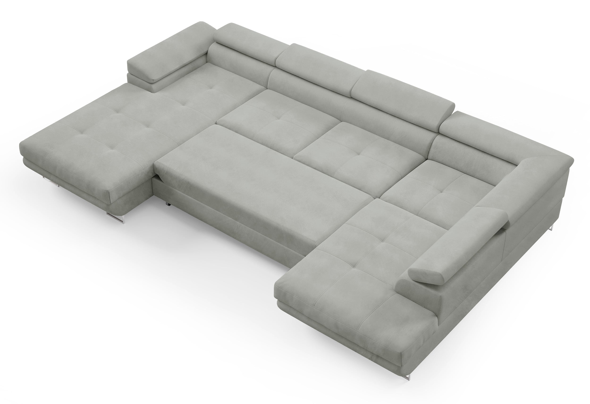 Ecksofa mit Schlaffunktion Nollia, U-förmig, rechtsseitig, mit verstellbaren Kopfstützen und zwei Aufbewahrungsboxen, hellgrauer Bouclé-Stoff