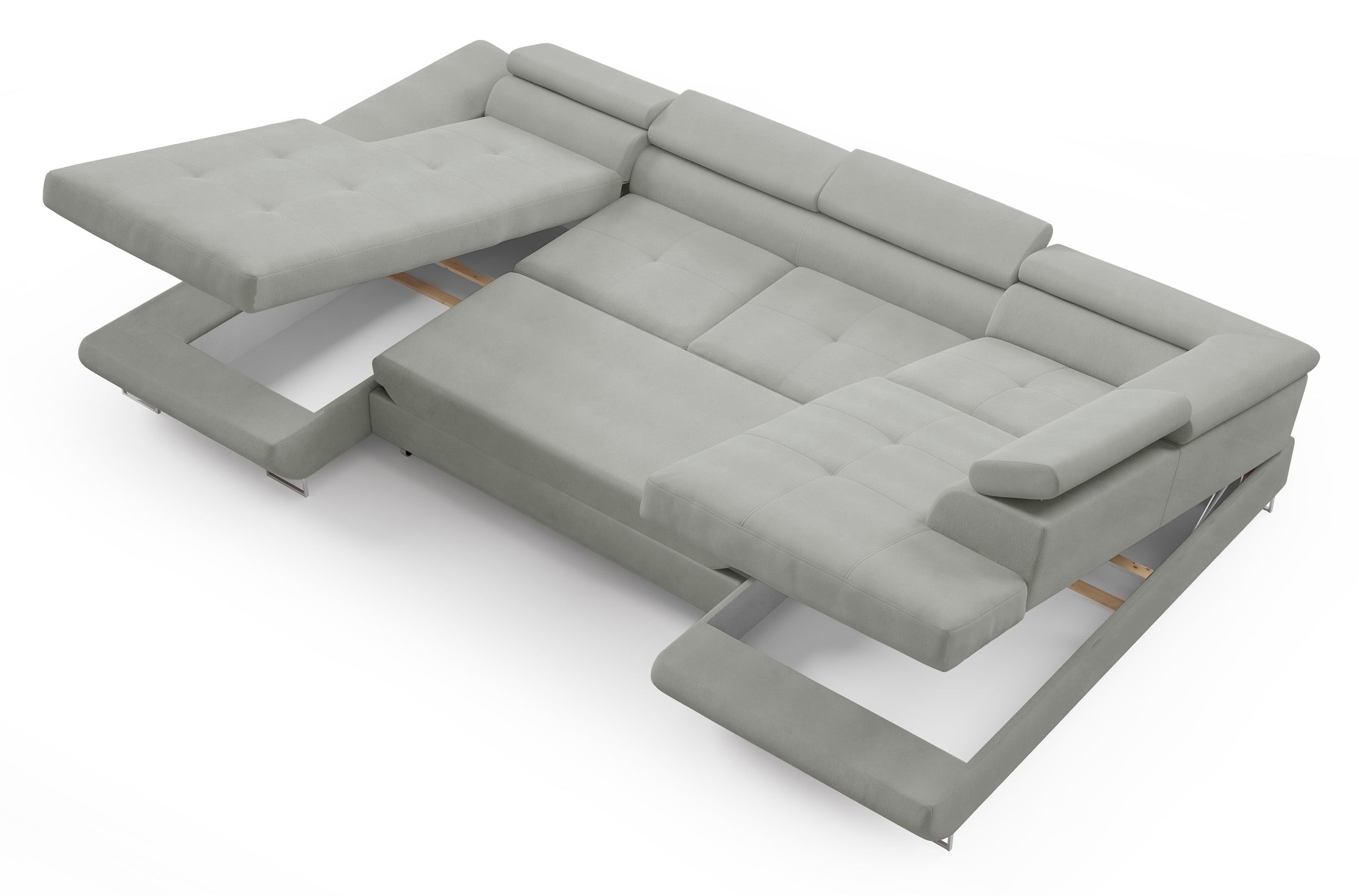 Ecksofa mit Schlaffunktion Nollia, U-förmig, rechtsseitig, mit verstellbaren Kopfstützen und zwei Aufbewahrungsboxen, hellgrauer Bouclé-Stoff