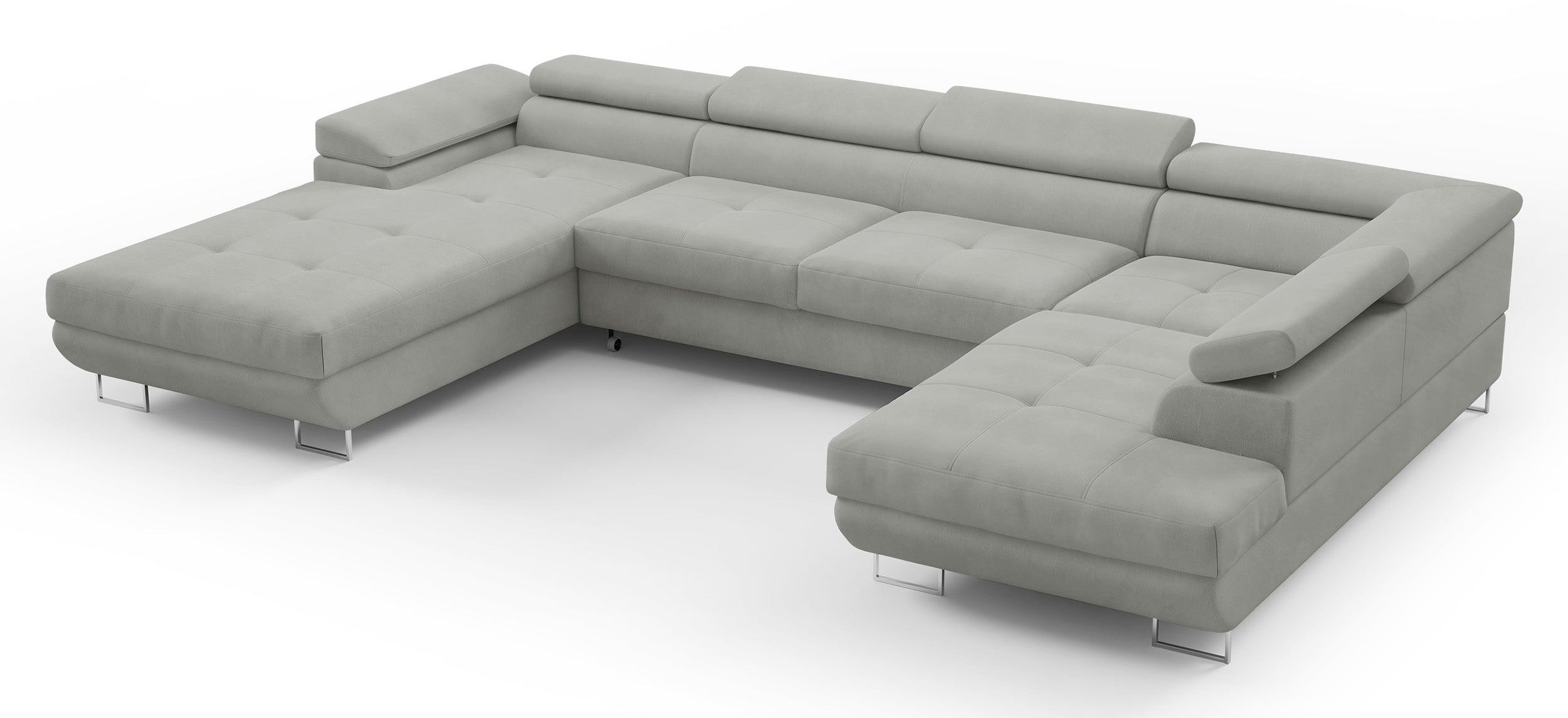 Ecksofa mit Schlaffunktion Nollia, U-förmig, rechtsseitig, mit verstellbaren Kopfstützen und zwei Aufbewahrungsboxen, hellgrauer Bouclé-Stoff