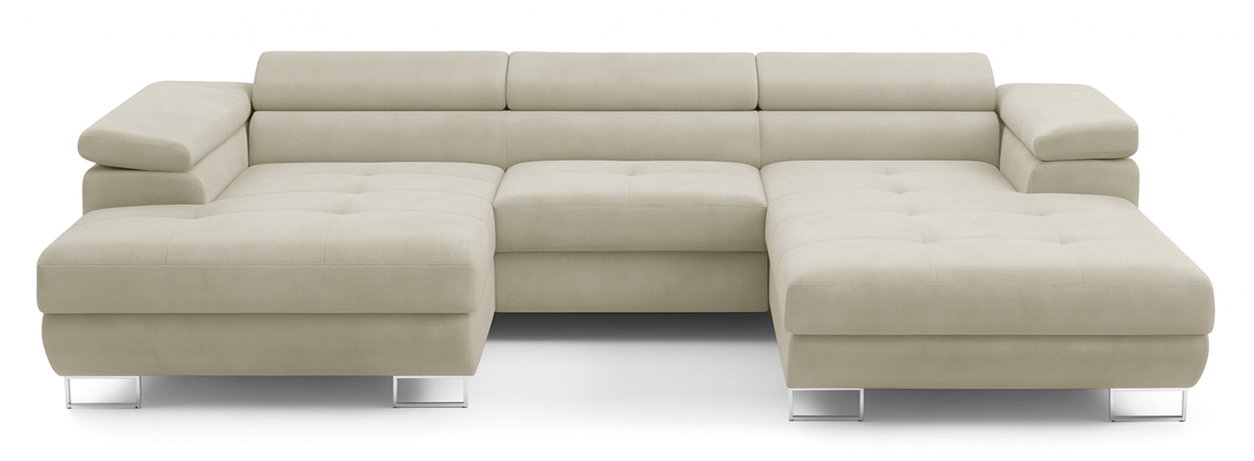 Ecksofa mit Schlaffunktion Nollia, U-förmig, linksseitig, mit verstellbaren Kopfstützen und zwei Stauraumfächern, cremefarbener Bouclé-Stoff