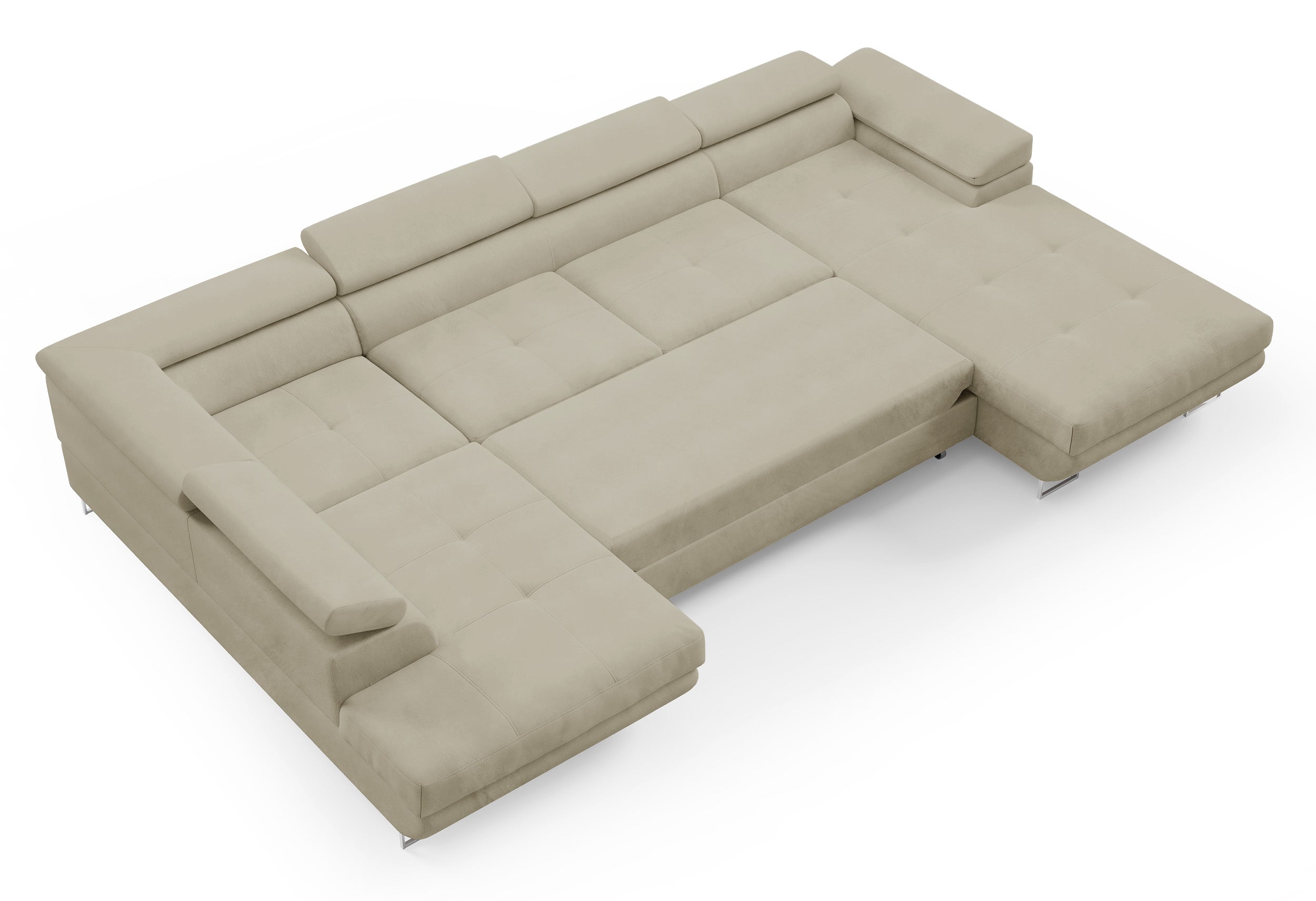 Ecksofa mit Schlaffunktion Nollia, U-förmig, linksseitig, mit verstellbaren Kopfstützen und zwei Stauraumfächern, cremefarbener Bouclé-Stoff