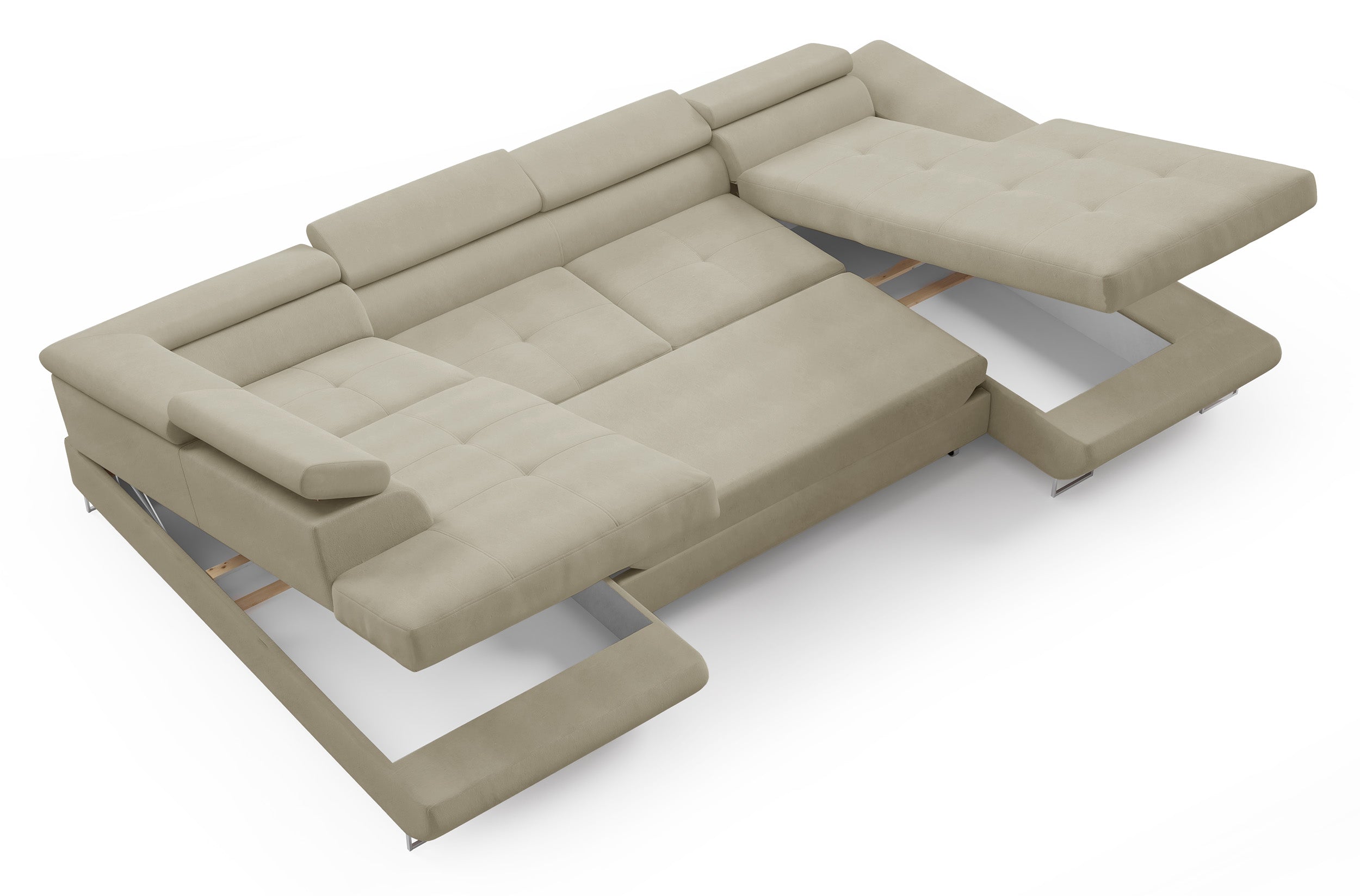 Ecksofa mit Schlaffunktion Nollia, U-förmig, linksseitig, mit verstellbaren Kopfstützen und zwei Stauraumfächern, cremefarbener Bouclé-Stoff