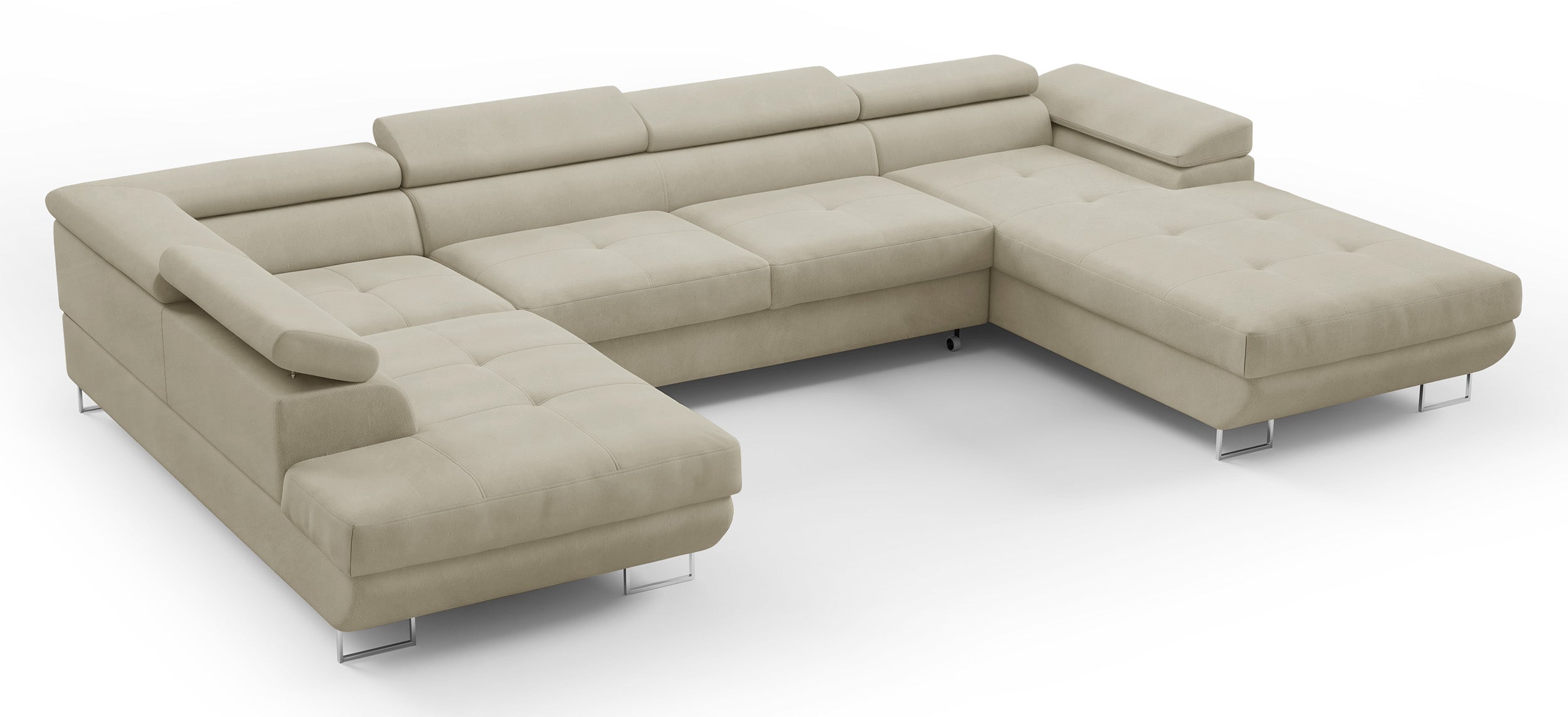 Ecksofa mit Schlaffunktion Nollia, U-förmig, linksseitig, mit verstellbaren Kopfstützen und zwei Stauraumfächern, cremefarbener Bouclé-Stoff