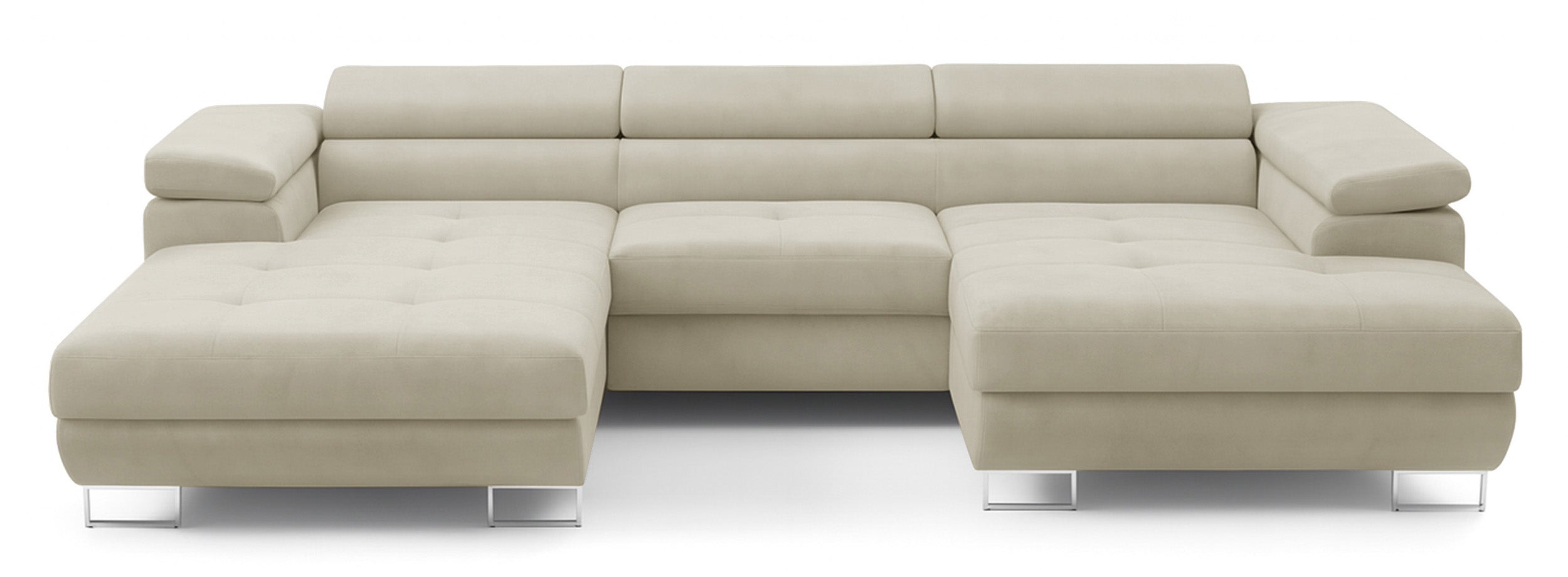 Ecksofa mit Schlaffunktion Nollia, U-förmig, rechtsseitig, mit verstellbaren Kopfstützen und zwei Stauraumfächern, cremefarbener Bouclé-Stoff