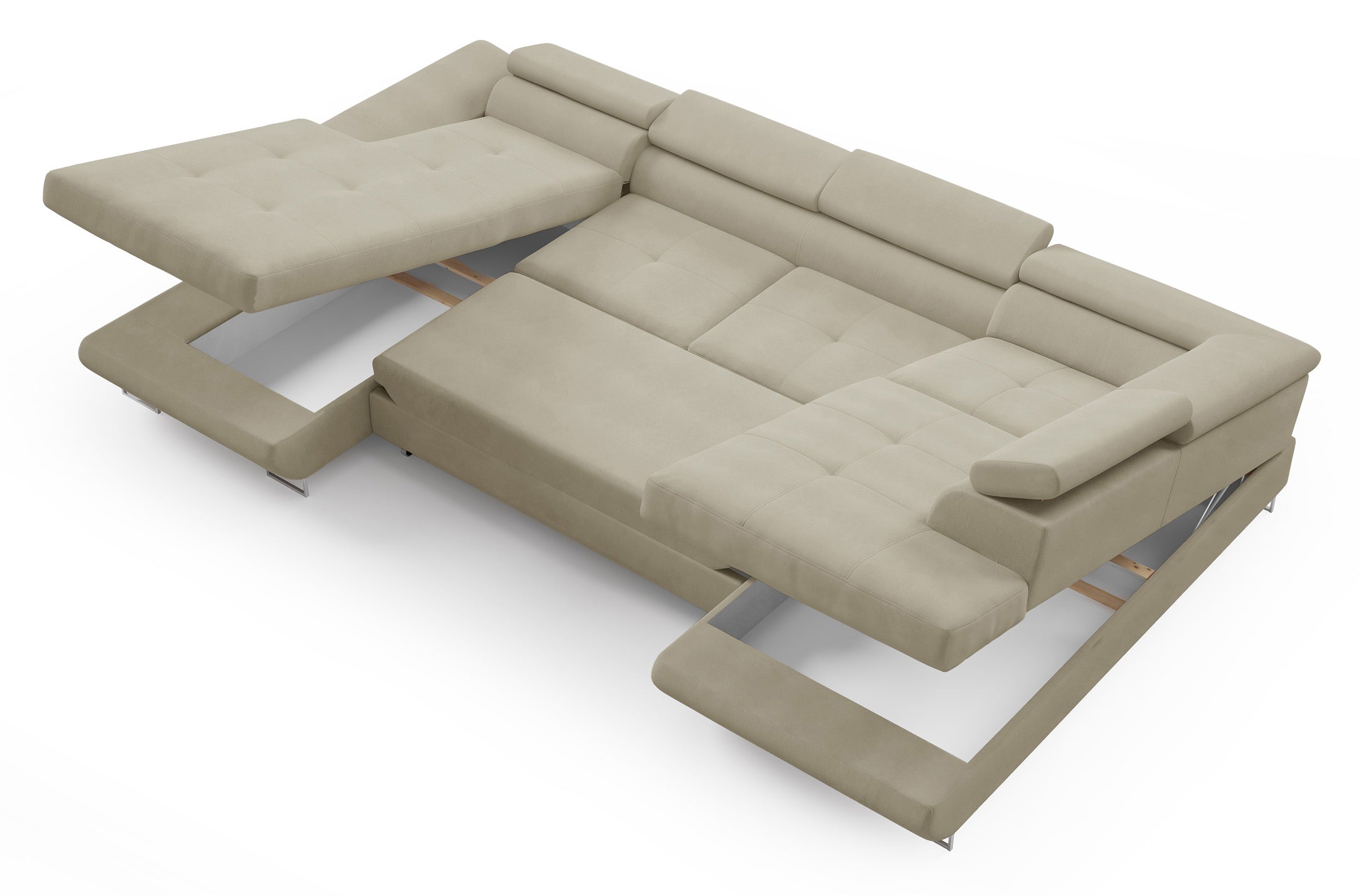 Ecksofa mit Schlaffunktion Nollia, U-förmig, rechtsseitig, mit verstellbaren Kopfstützen und zwei Stauraumfächern, cremefarbener Bouclé-Stoff
