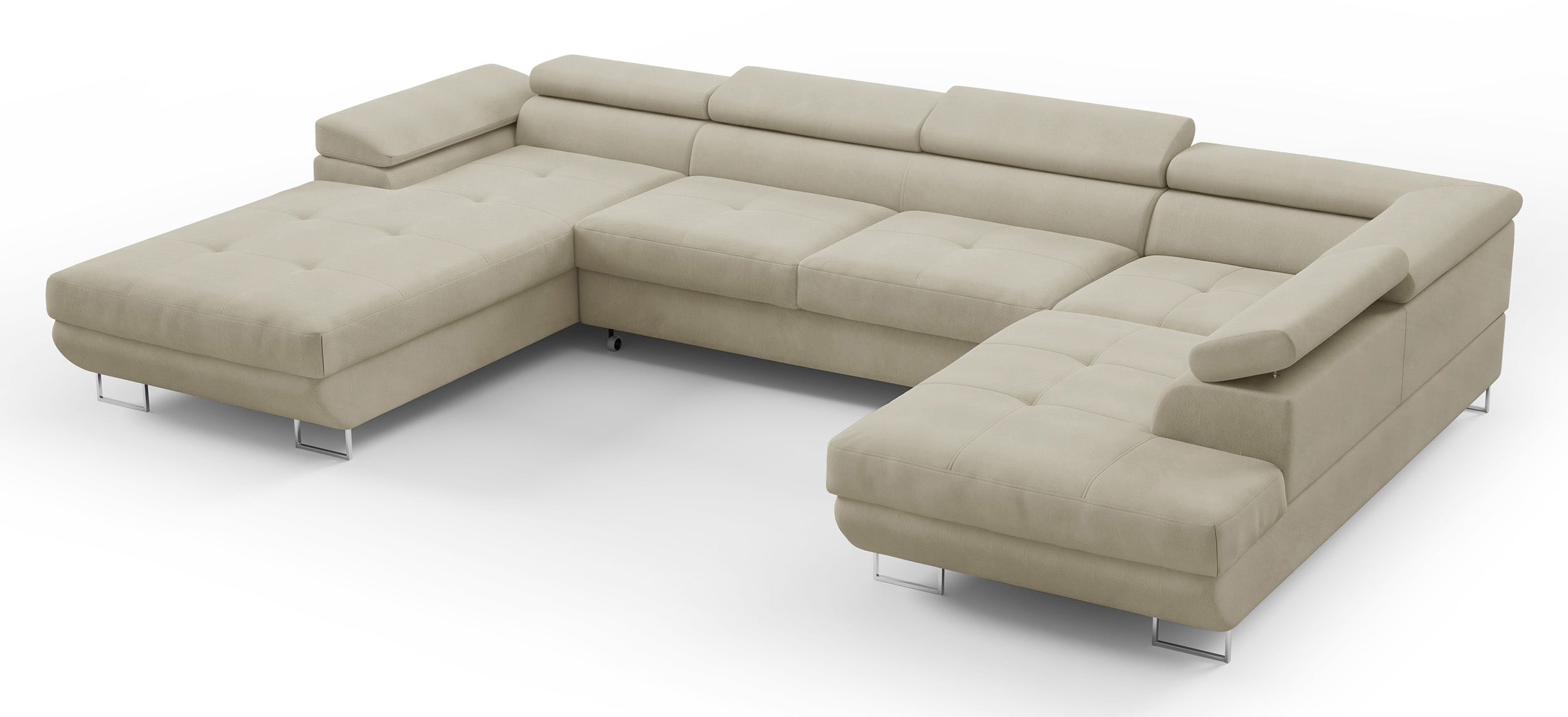 Ecksofa mit Schlaffunktion Nollia, U-förmig, rechtsseitig, mit verstellbaren Kopfstützen und zwei Stauraumfächern, cremefarbener Bouclé-Stoff