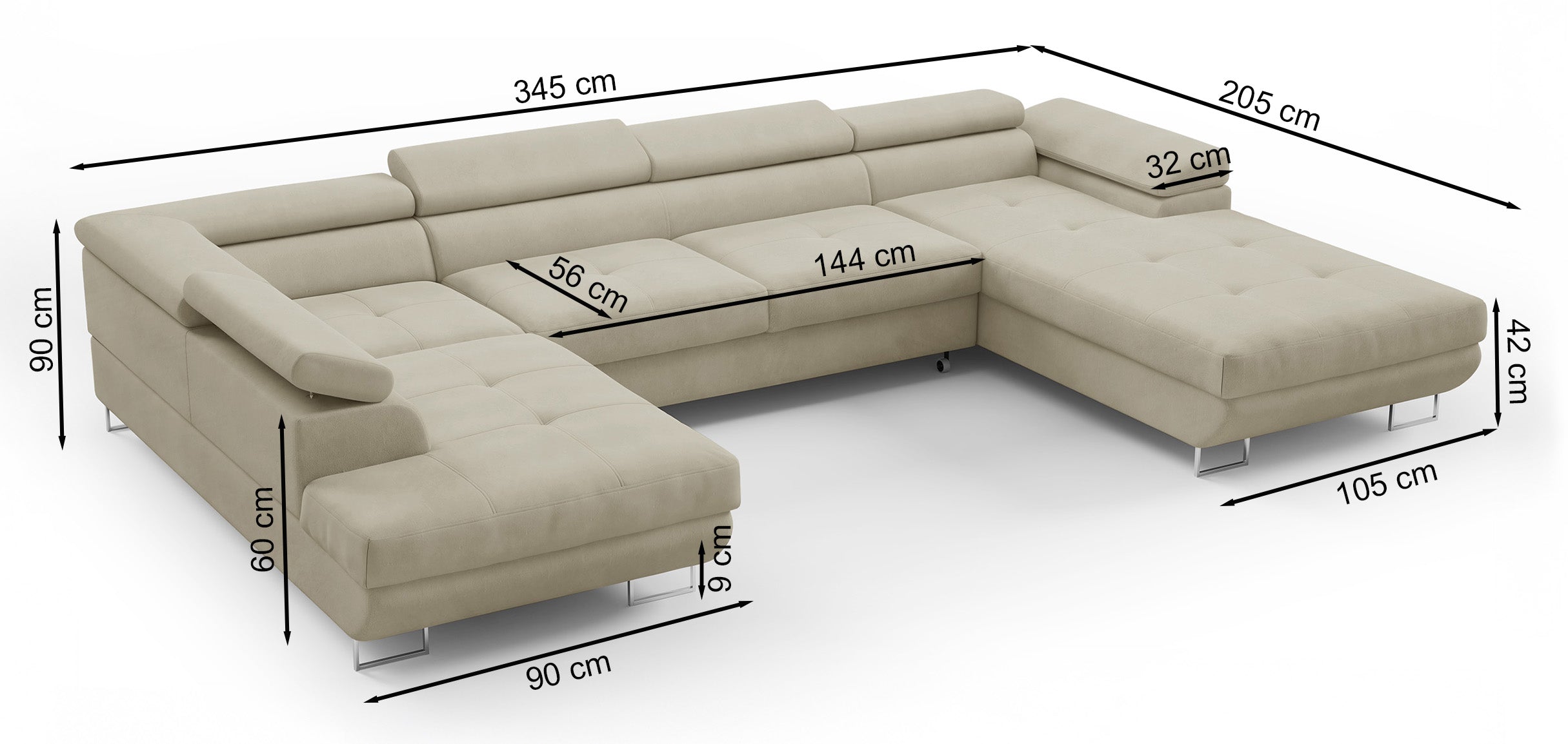 Ecksofa mit Schlaffunktion Nollia, U-förmig, linksseitig, mit verstellbaren Kopfstützen und zwei Stauraumfächern, cremefarbener Bouclé-Stoff