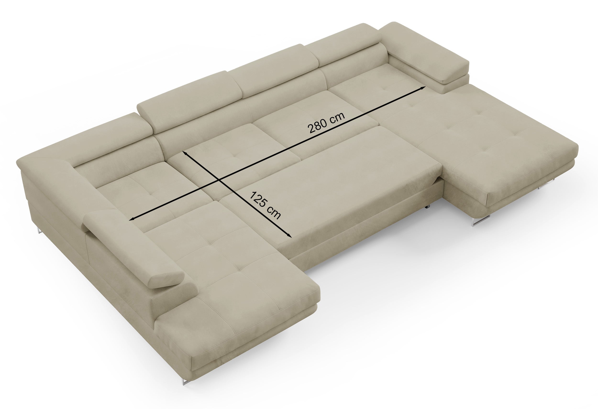 Ecksofa mit Schlaffunktion Nollia, U-förmig, linksseitig, mit verstellbaren Kopfstützen und zwei Stauraumfächern, cremefarbener Bouclé-Stoff