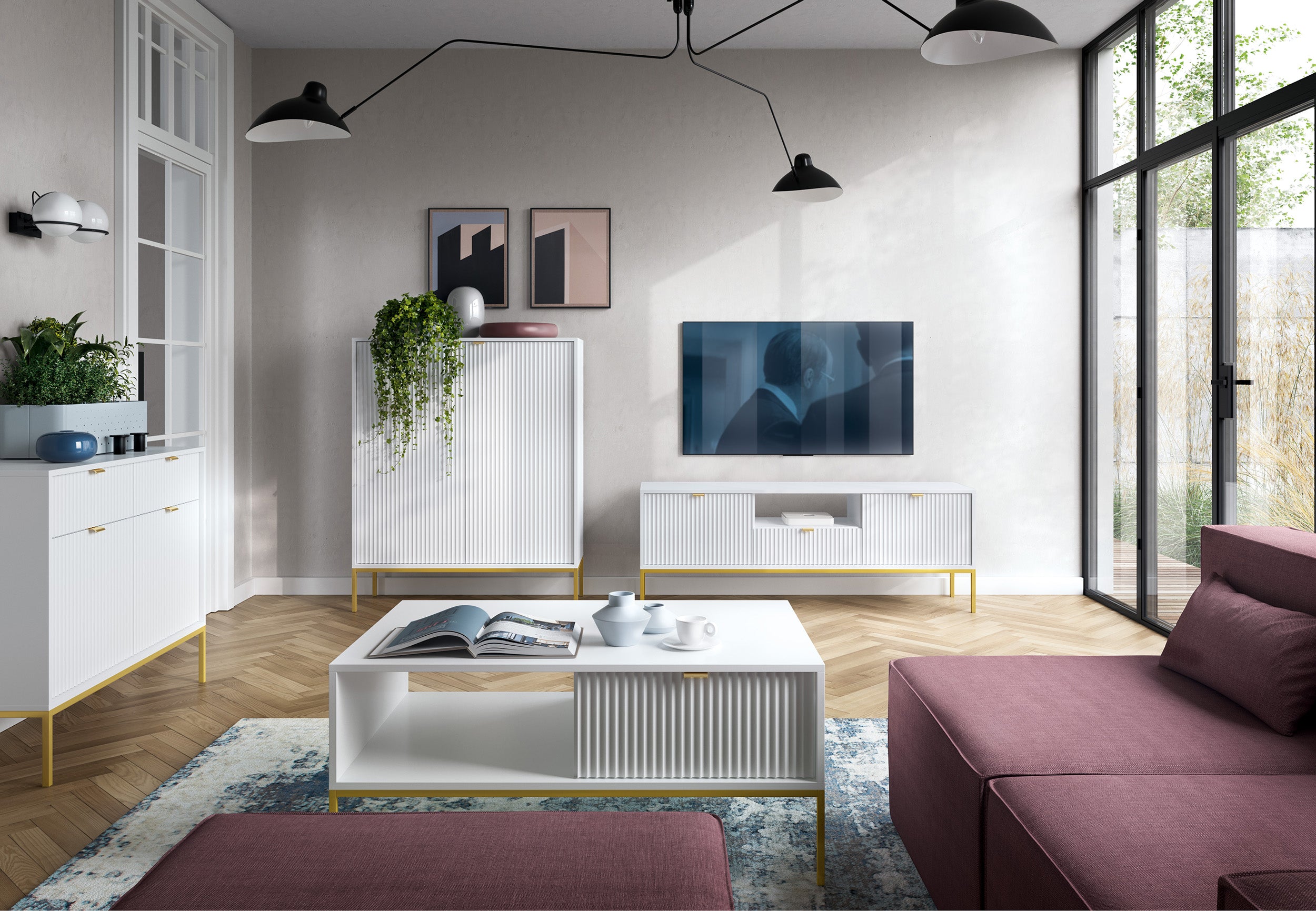 TV-Schrank Vellore 154 cm weiß mit gerillten Fronten und goldenem Gestell