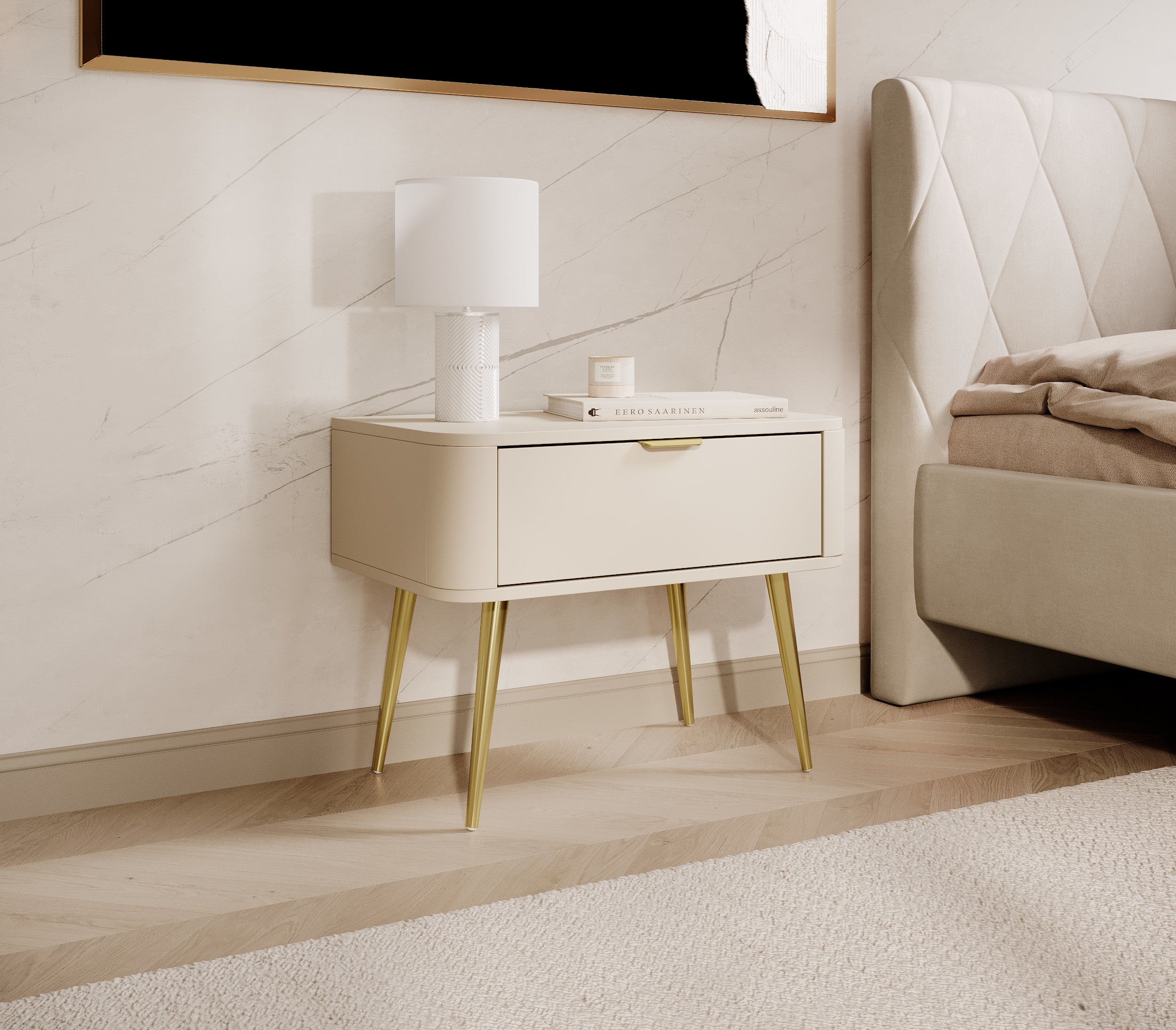 Ovaler Nachttisch mit Schublade 63 cm sandbeige