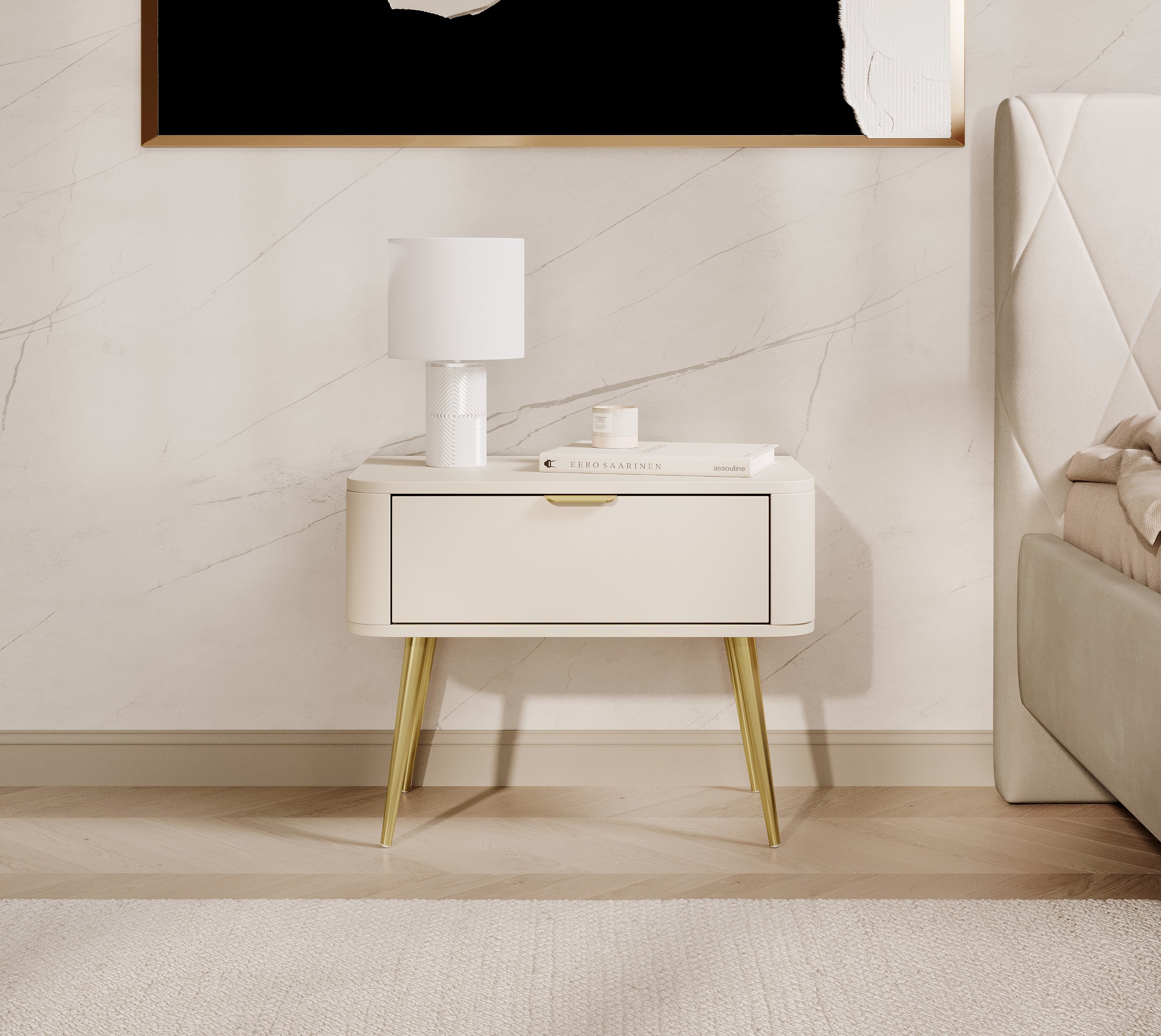 Ovaler Nachttisch mit Schublade 63 cm sandbeige