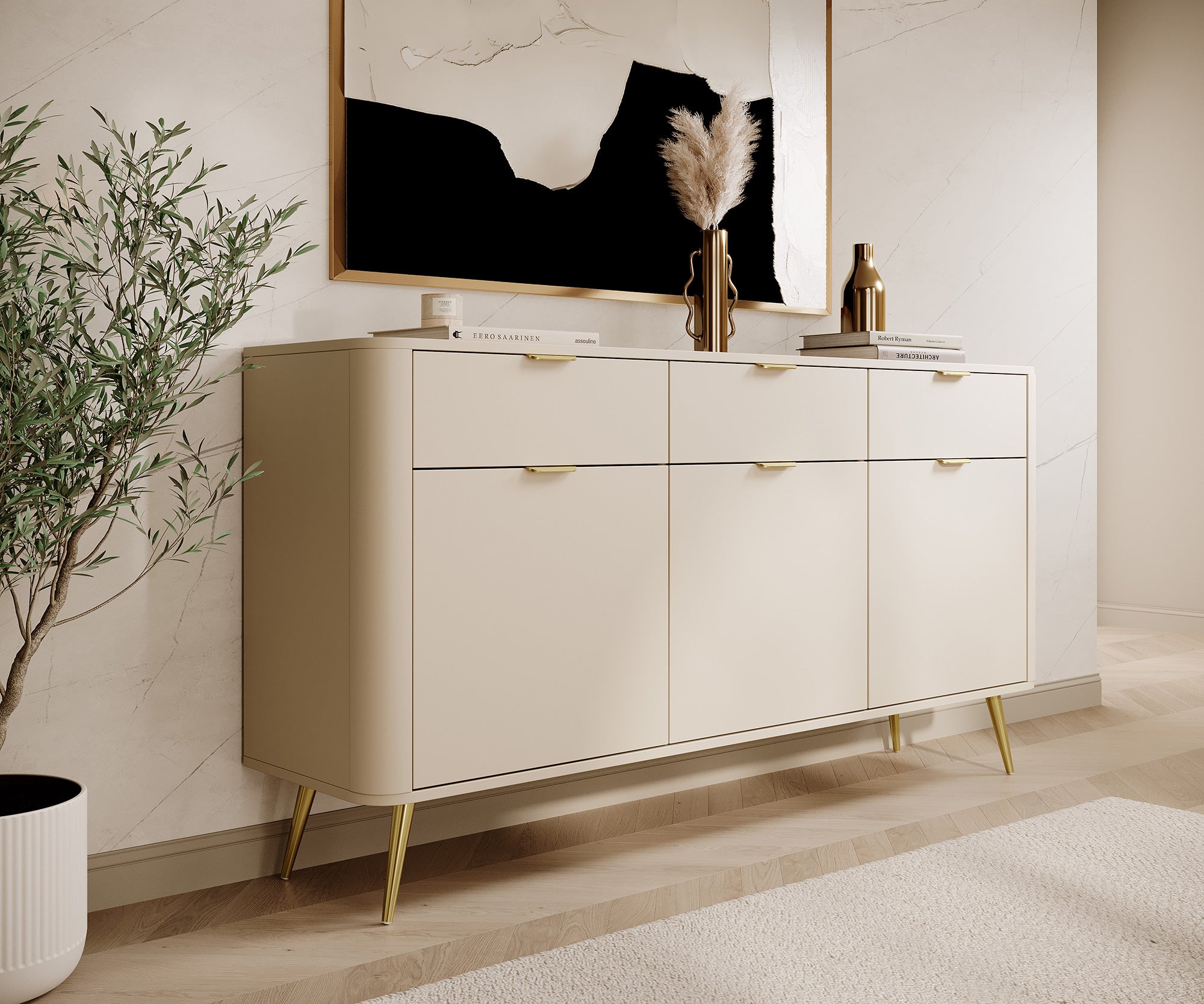 Oval dreitürige Kommode mit Schubladen, 163,5 cm, sandbeige
