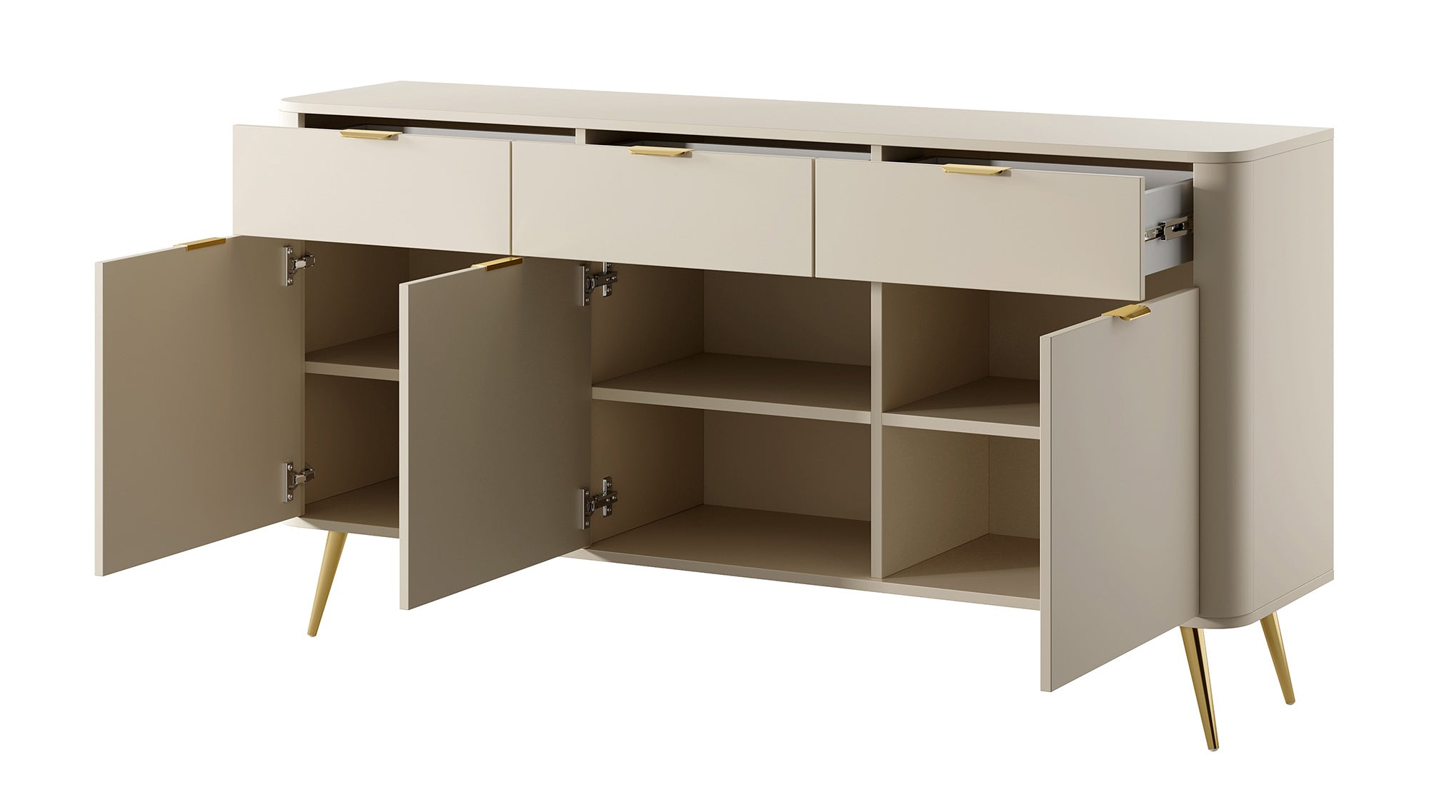 Oval dreitürige Kommode mit Schubladen, 163,5 cm, sandbeige