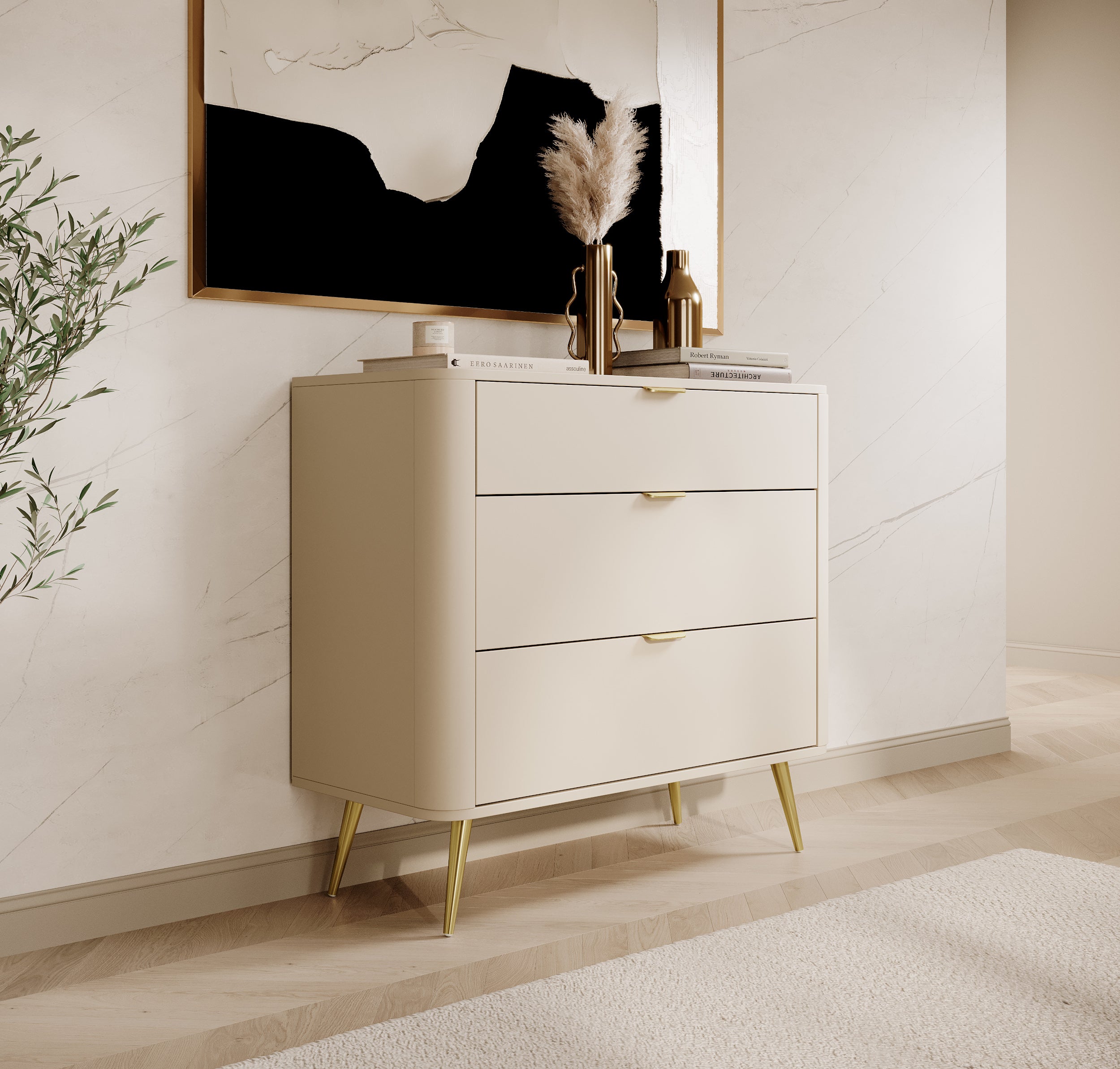 Oval-Kommode mit drei Schubladen, 92 cm, sandbeige