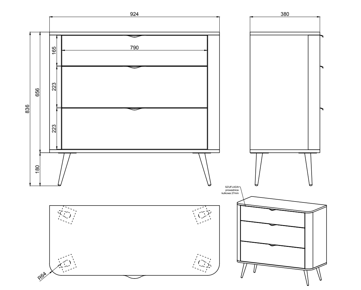 Ovaler Kommode mit drei Schubladen 92 cm Weiß